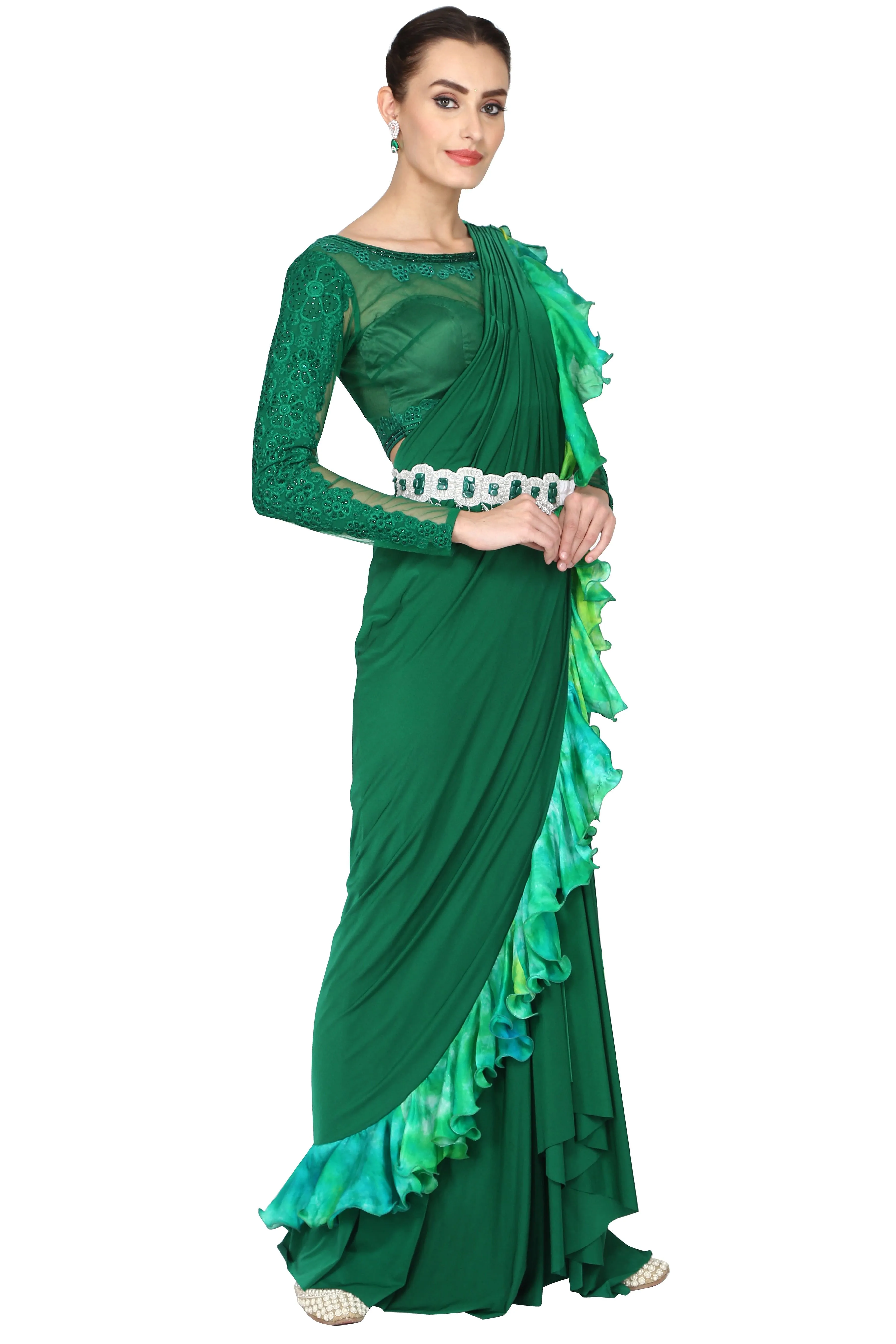 Forest green drape saree.