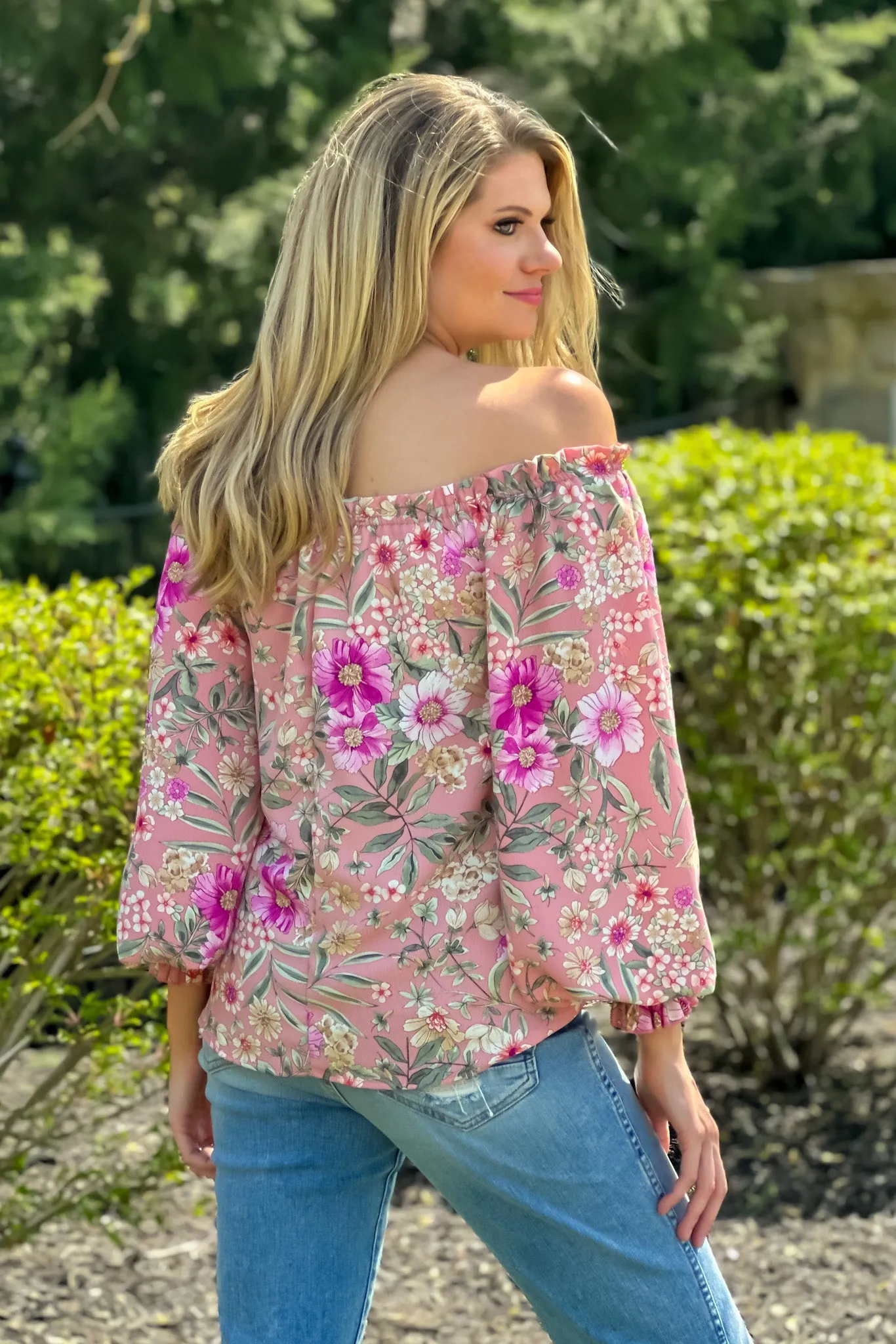 Garden Party Off Shoulder Balloon Sleeve Blouse : Blush/Floral