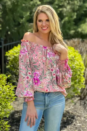 Garden Party Off Shoulder Balloon Sleeve Blouse : Blush/Floral