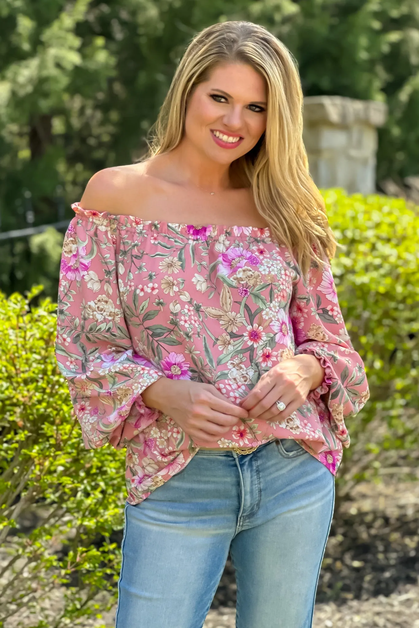 Garden Party Off Shoulder Balloon Sleeve Blouse : Blush/Floral