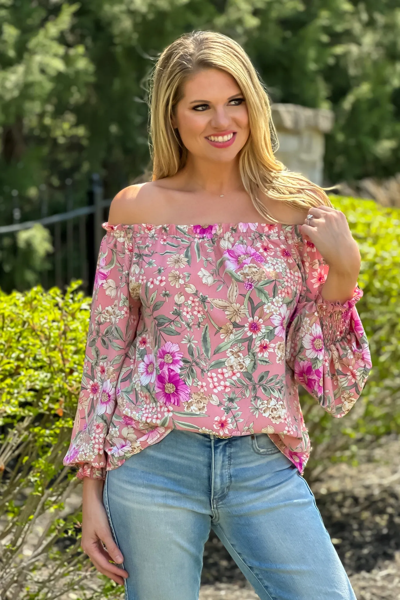 Garden Party Off Shoulder Balloon Sleeve Blouse : Blush/Floral