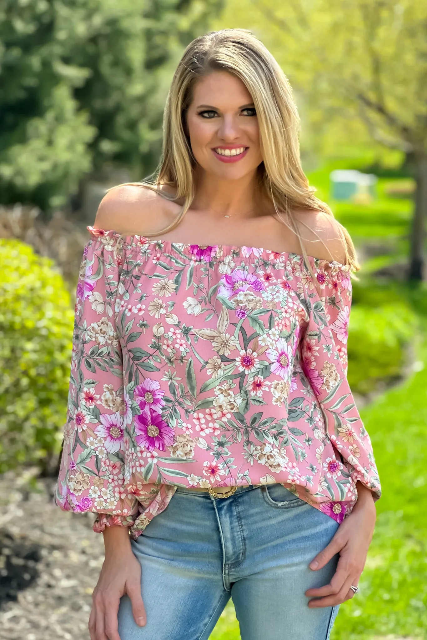 Garden Party Off Shoulder Balloon Sleeve Blouse : Blush/Floral