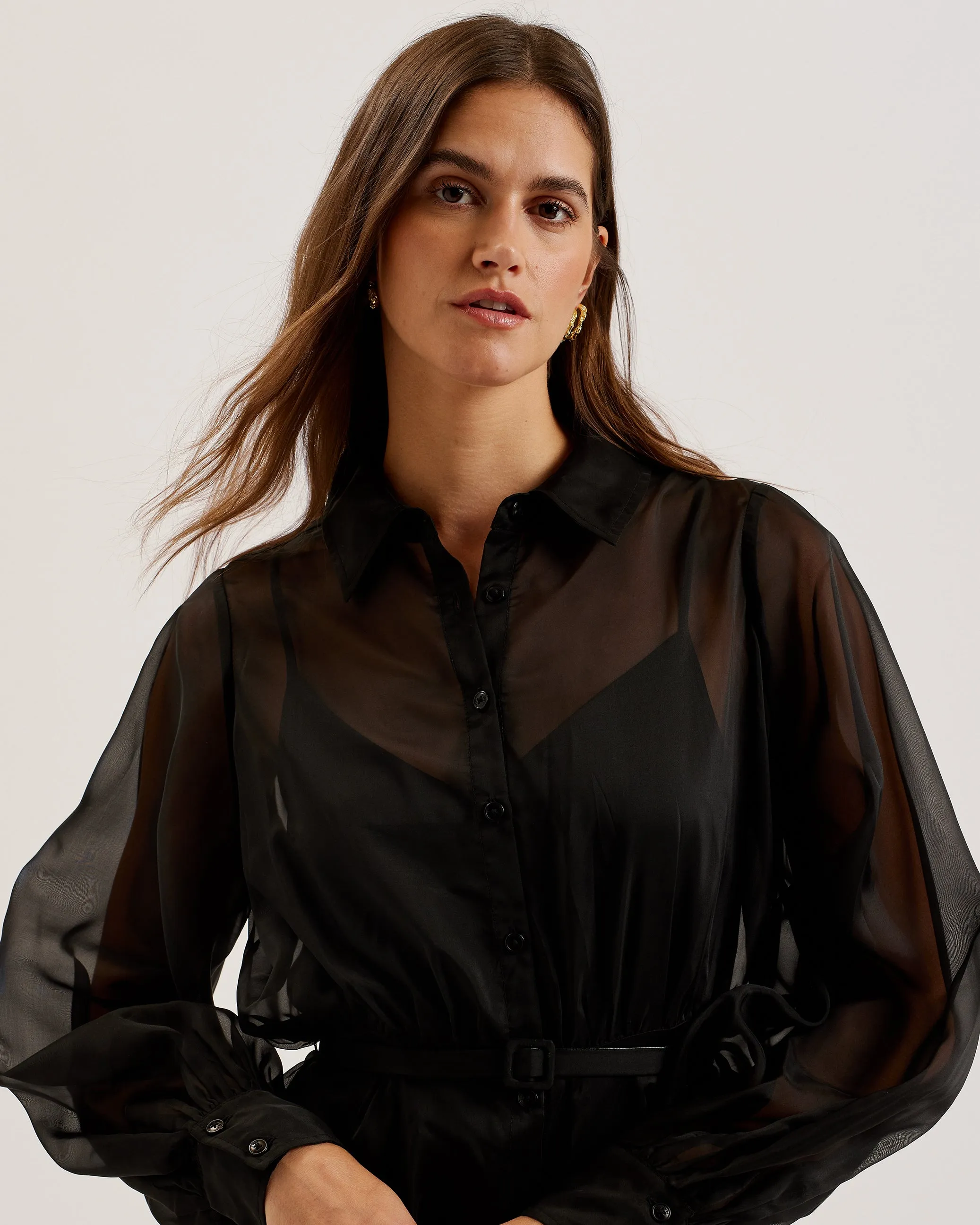 Gibara Sheer Organza Shirt Maxi Dress Black