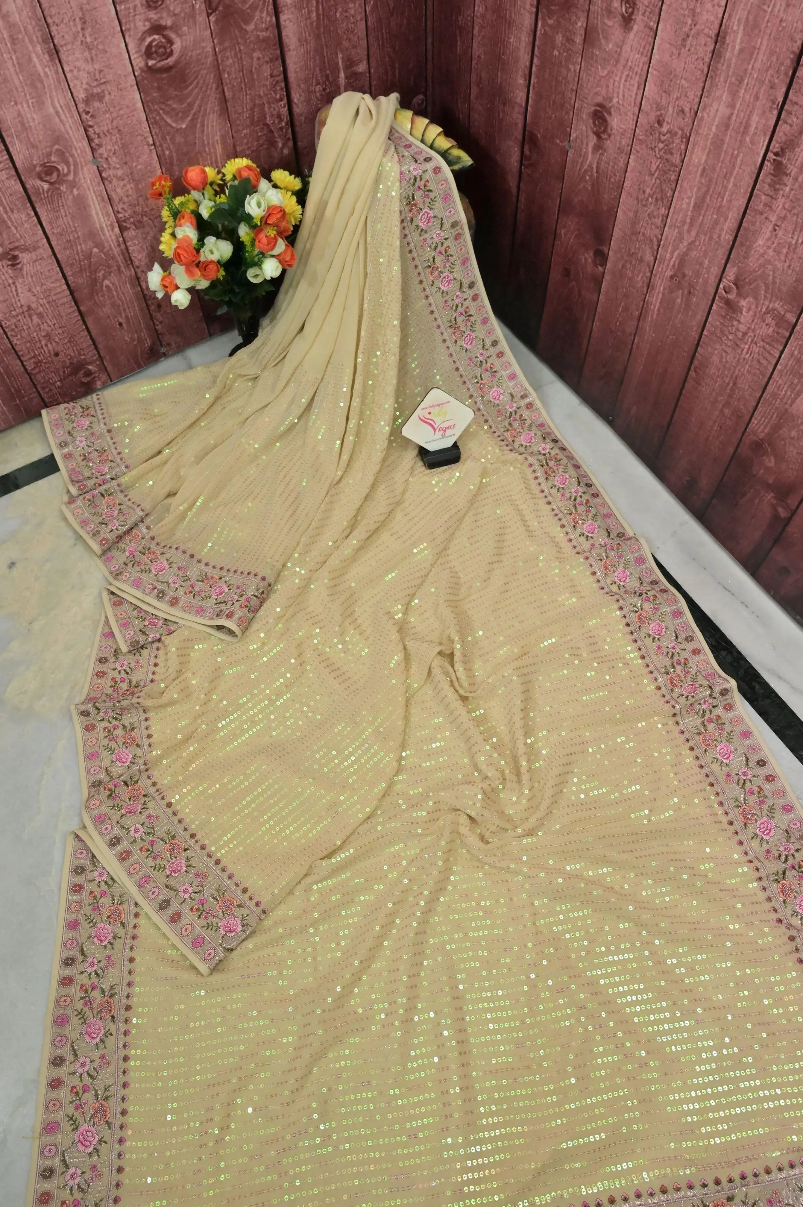 Golden Color Designer Georgette Saree with Sequin and Embroidery Work