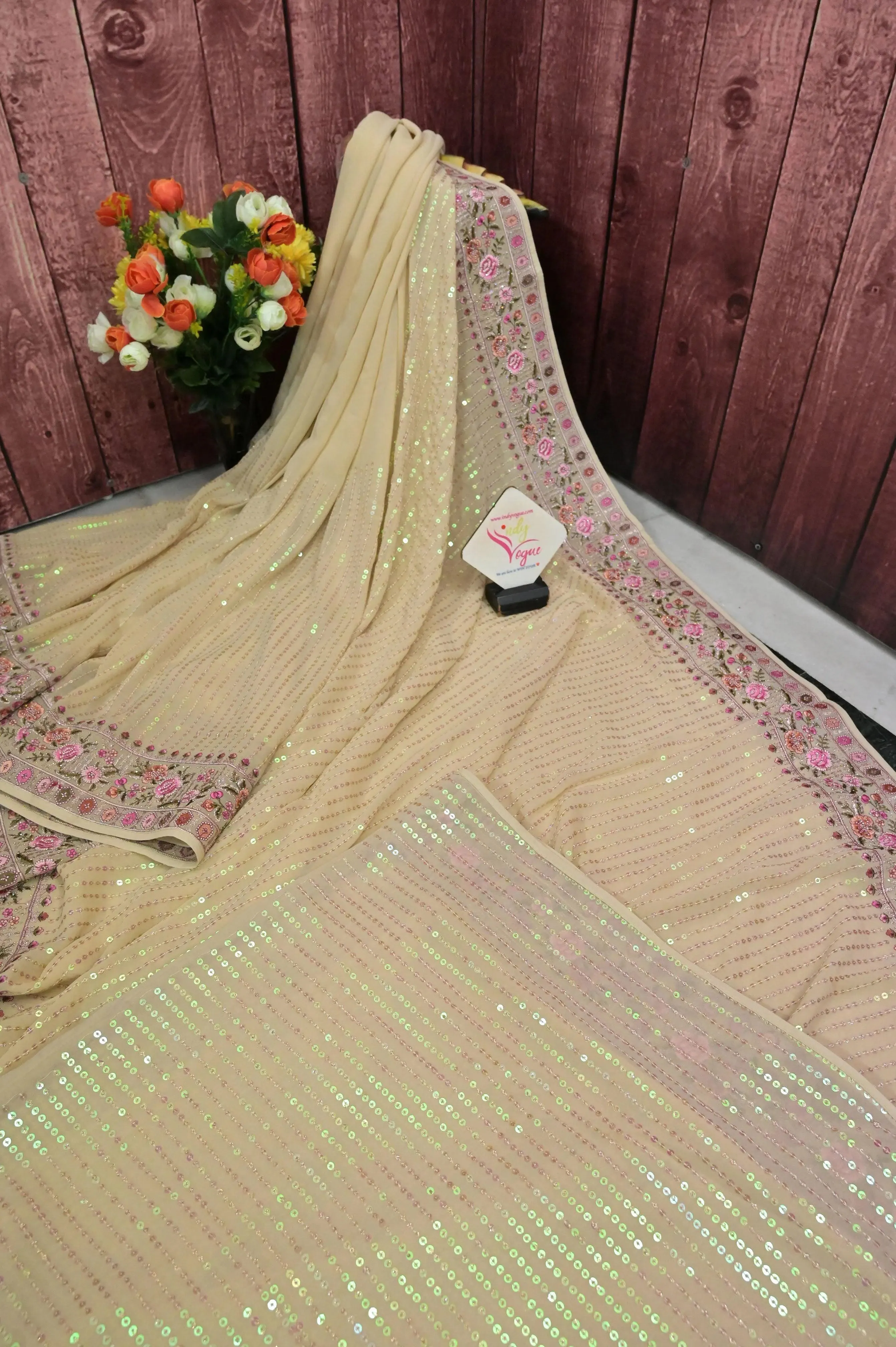 Golden Color Designer Georgette Saree with Sequin and Embroidery Work