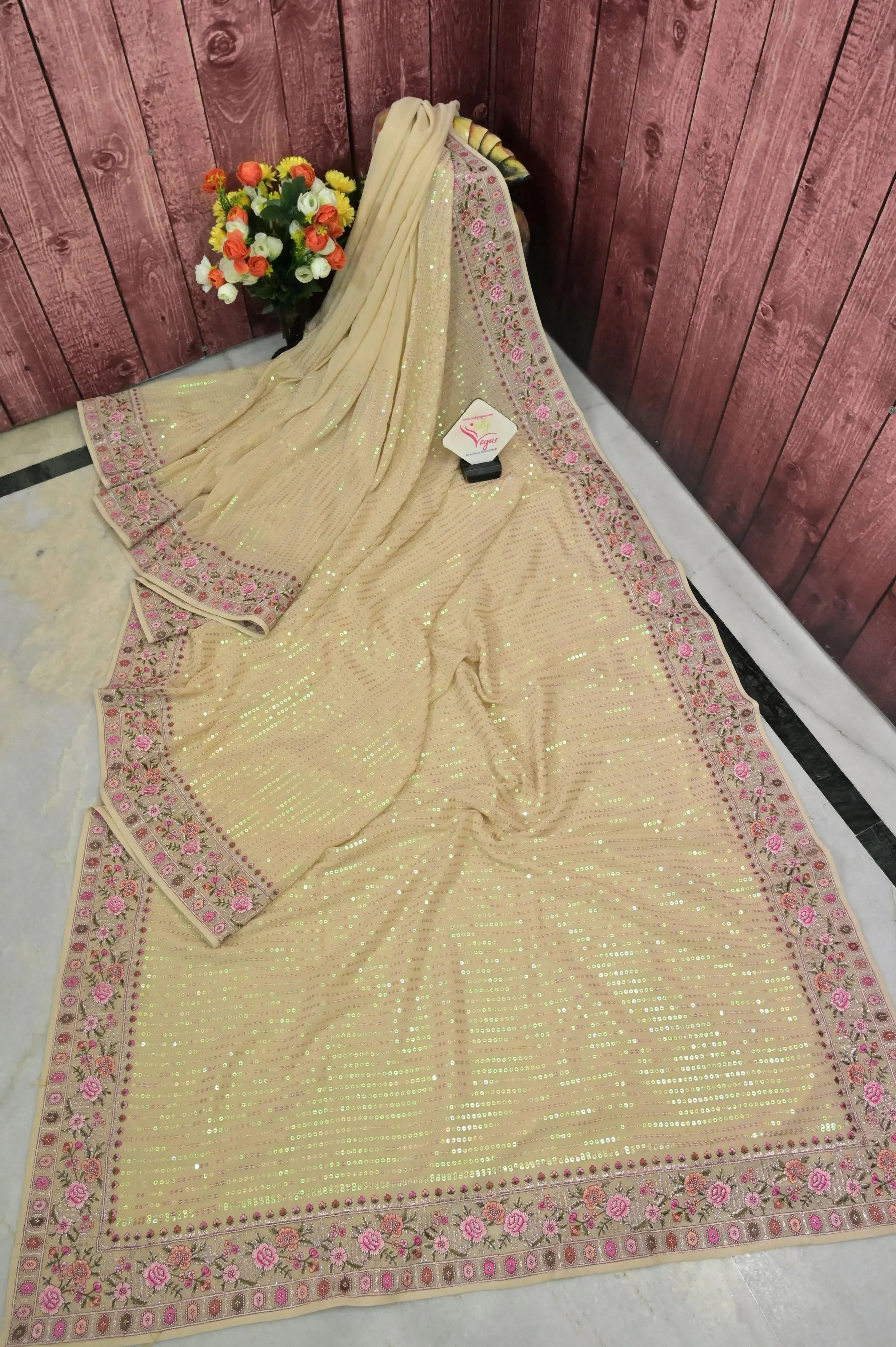 Golden Color Designer Georgette Saree with Sequin and Embroidery Work