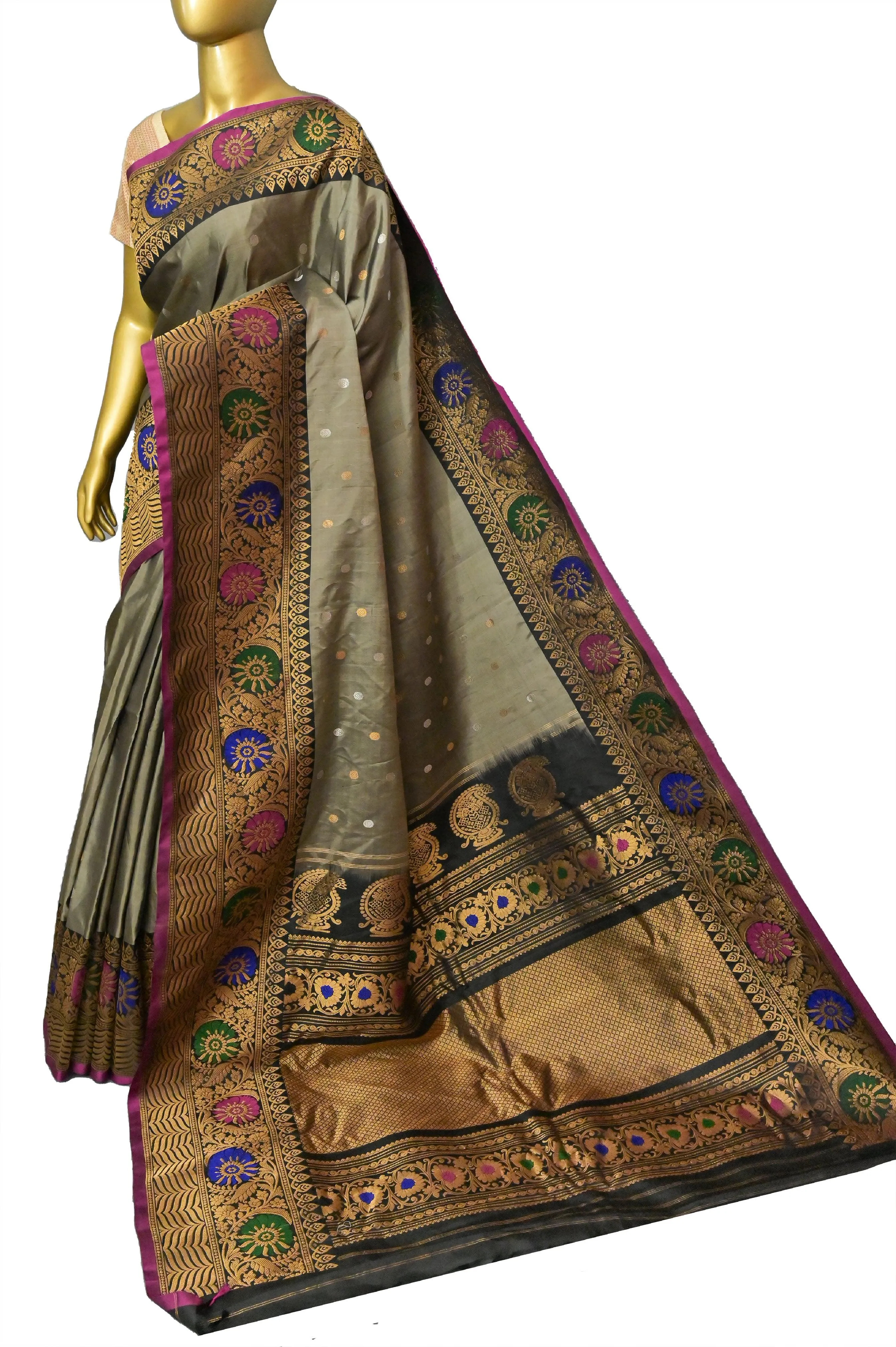 Grey and Black Color Gadwal Silk Saree with Silver & Golden Zari Buti Work with Meenakari Work