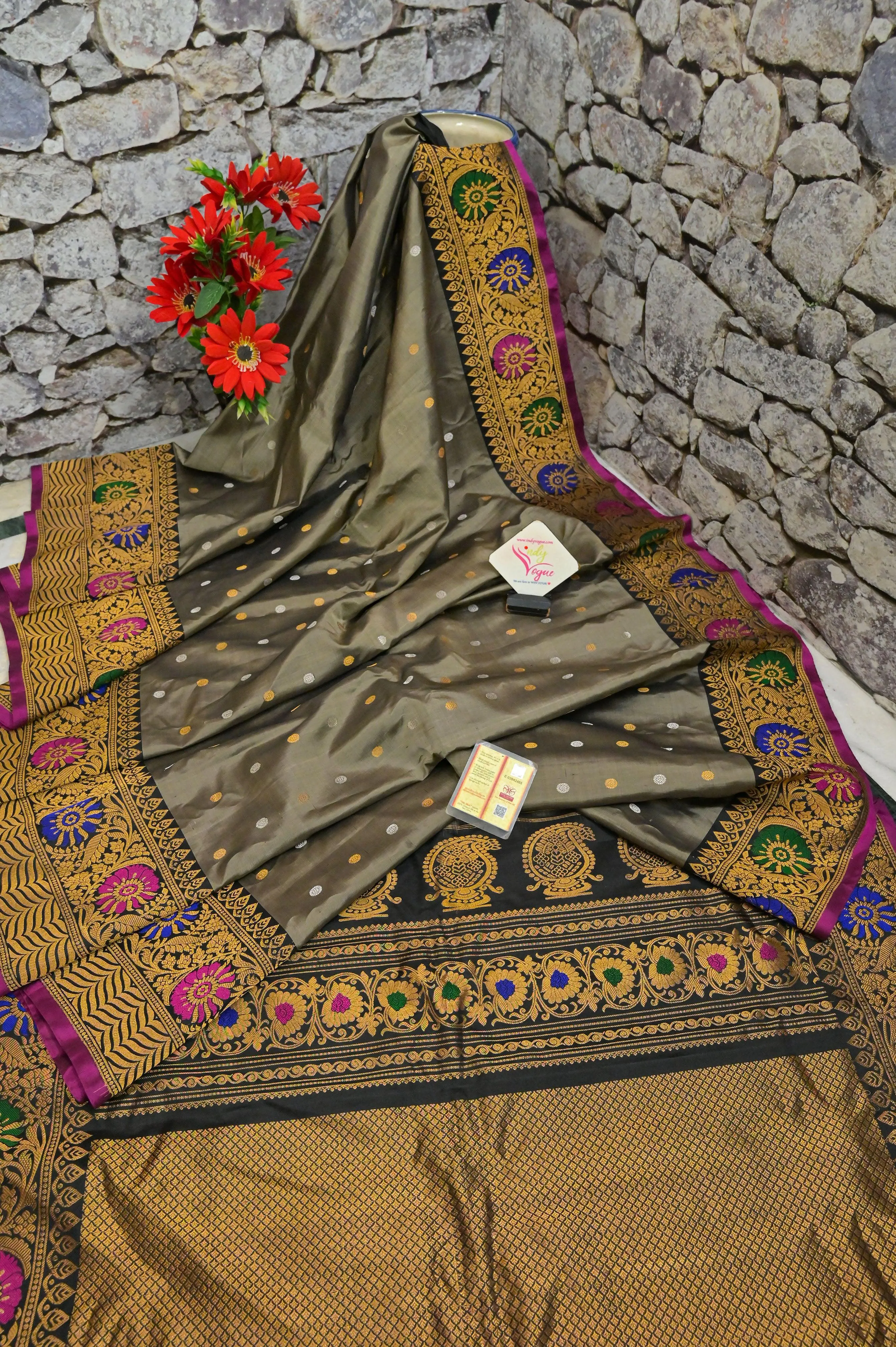 Grey and Black Color Gadwal Silk Saree with Silver & Golden Zari Buti Work with Meenakari Work