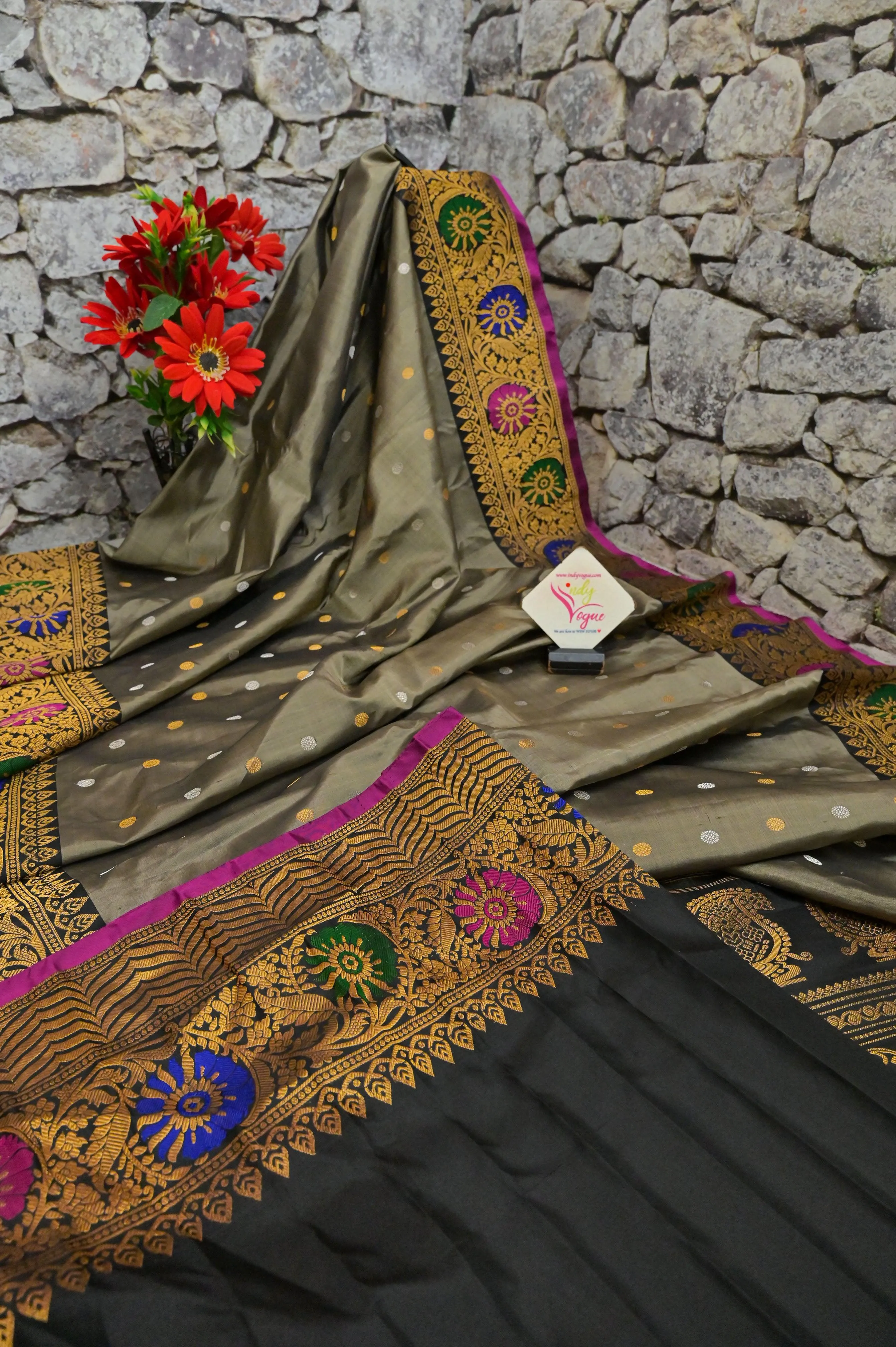 Grey and Black Color Gadwal Silk Saree with Silver & Golden Zari Buti Work with Meenakari Work