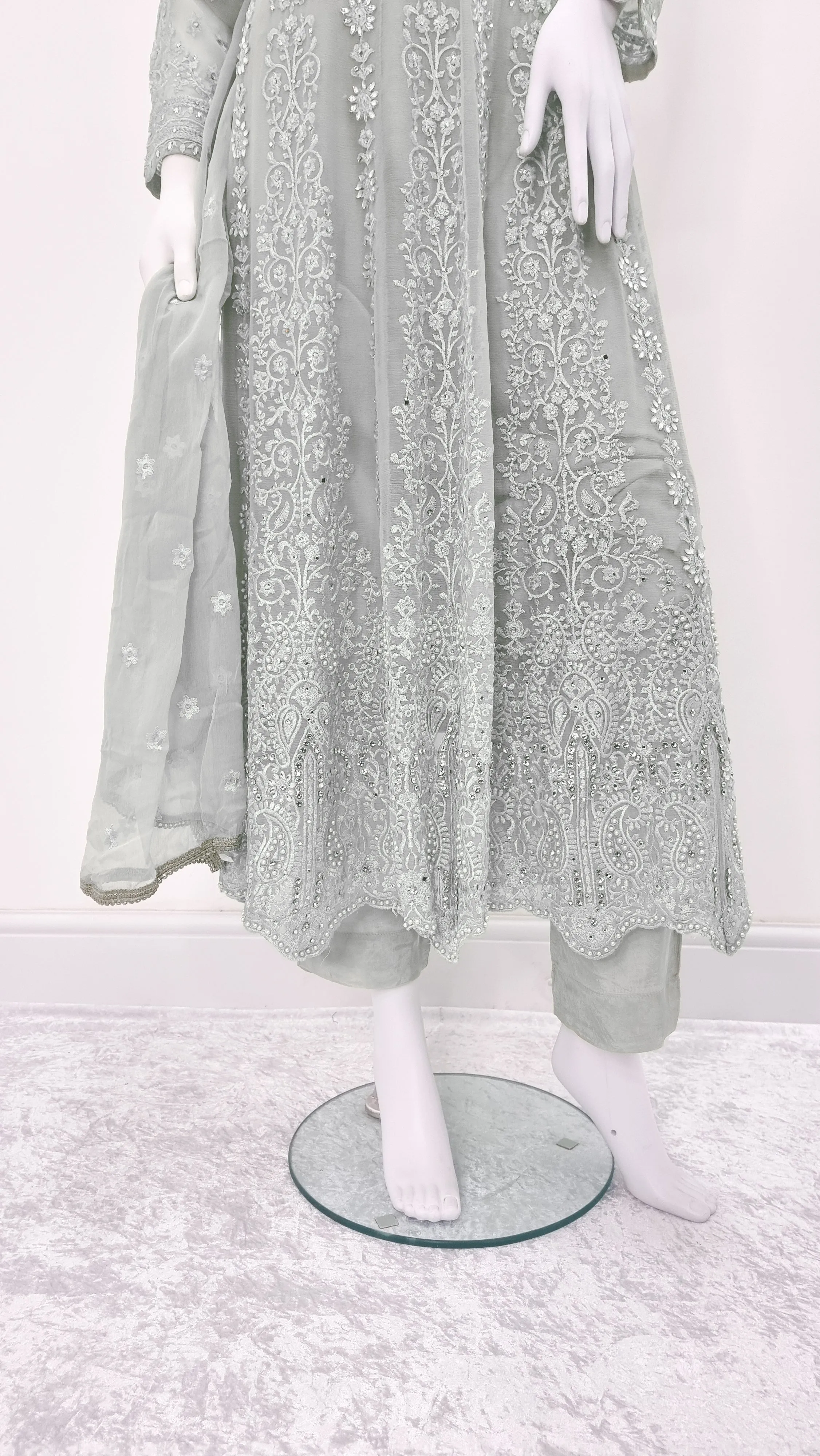 Grey Embroidered Chiffon Frock Suit