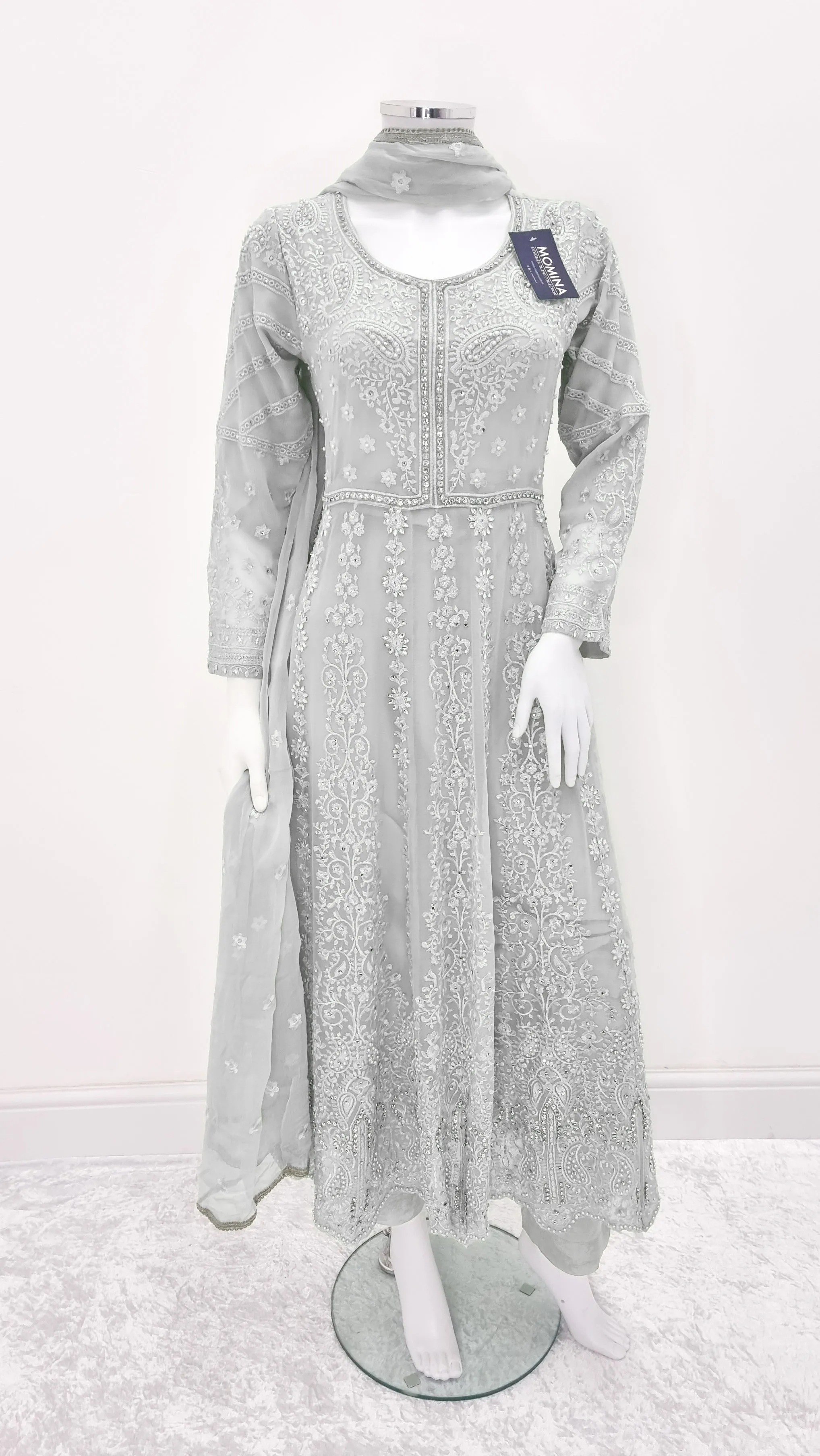 Grey Embroidered Chiffon Frock Suit