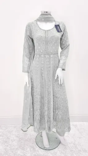 Grey Embroidered Chiffon Frock Suit