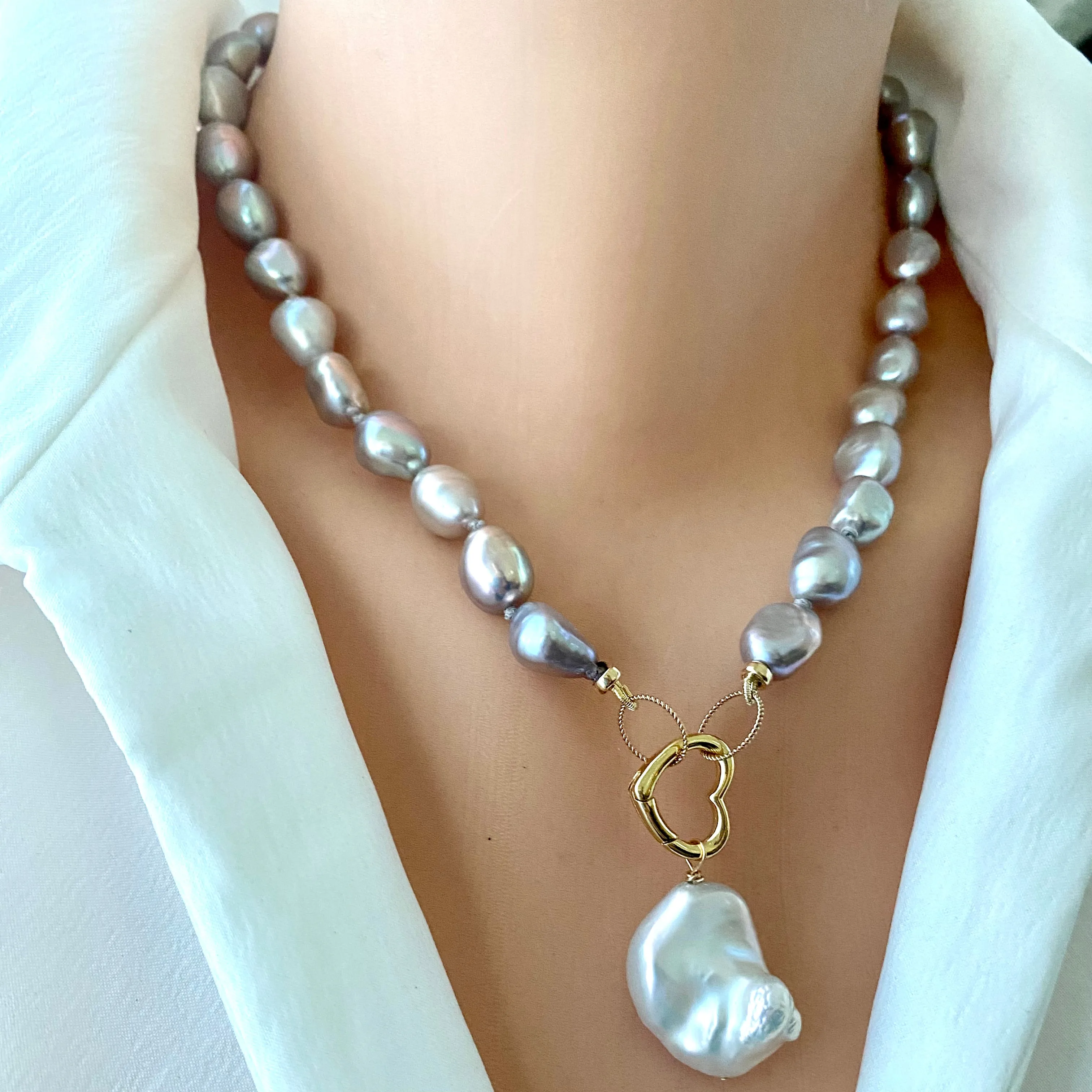 Grey Freshwater Pearl Necklace with White Baroque Pearl Pendant & Heart Closure, Gold Filled Details, 18inches