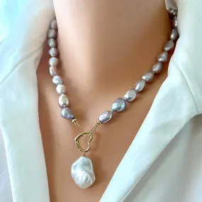 Grey Freshwater Pearl Necklace with White Baroque Pearl Pendant & Heart Closure, Gold Filled Details, 18inches