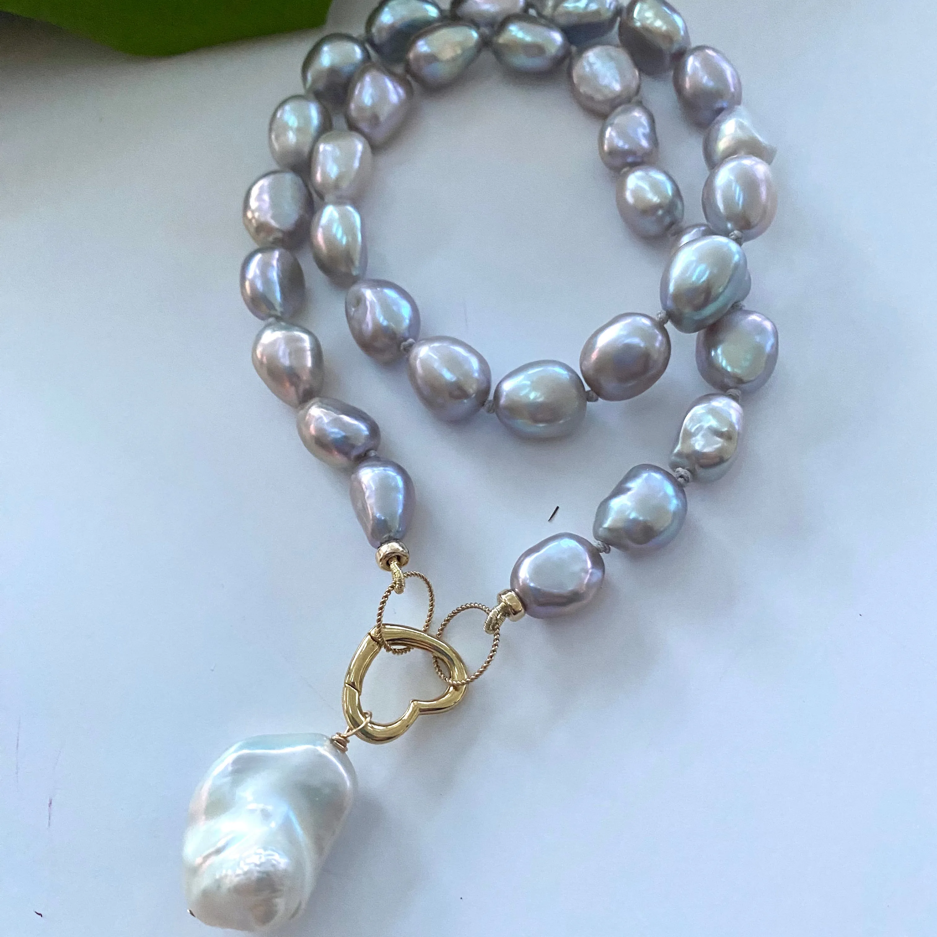 Grey Freshwater Pearl Necklace with White Baroque Pearl Pendant & Heart Closure, Gold Filled Details, 18inches