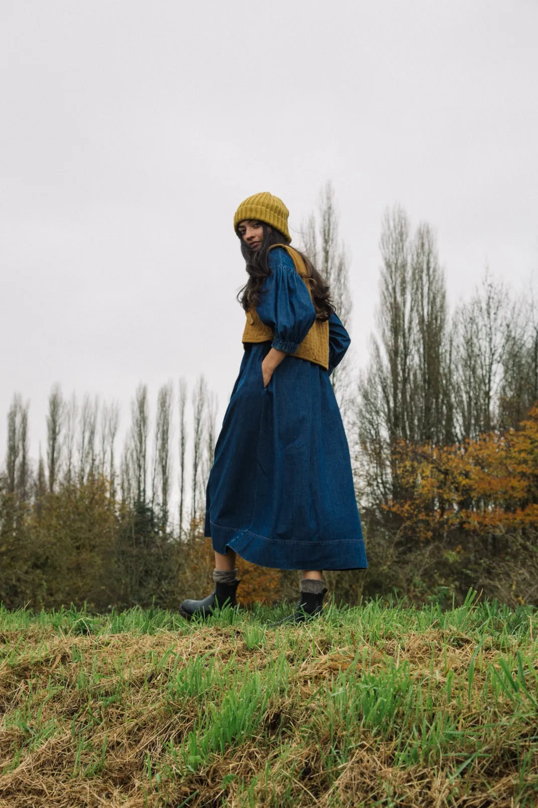 Harumi-Leigh Organic Cotton Denim Dress in Mid Blue