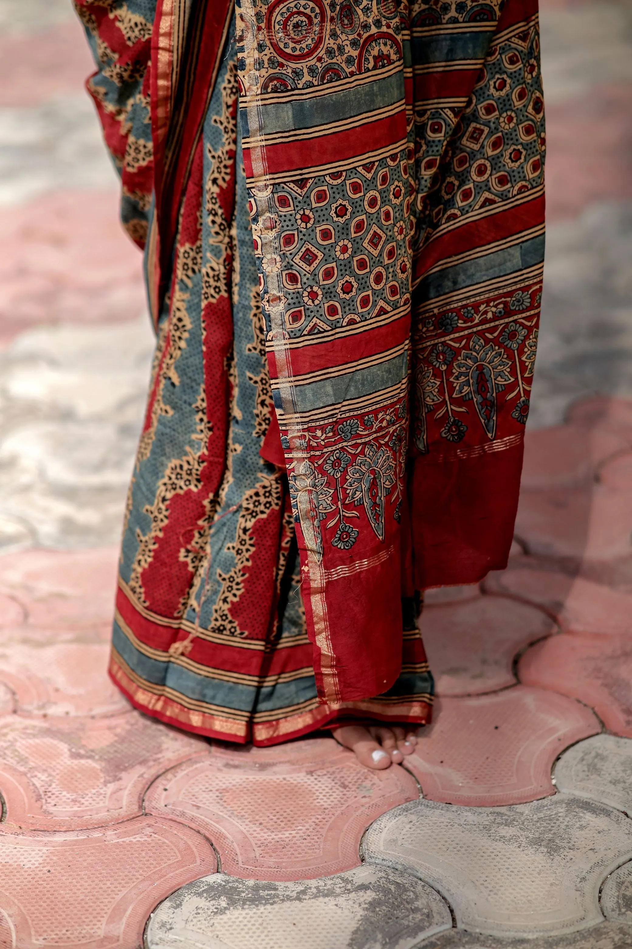 Jharokha -Blue and Red geometric silk cotton Ajrakh handblockprinted saree