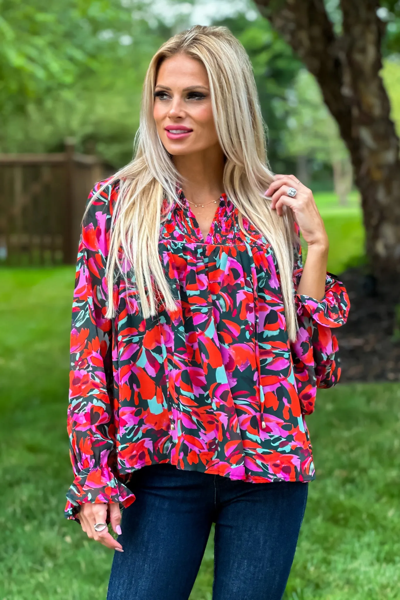 Keeps Me Happy Smocked Bubble Sleeve Blouse : Red, Black, Magenta