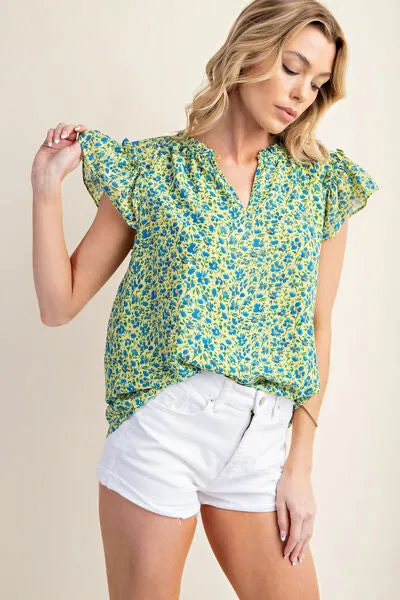 Kori America Floral Notched Ruffled Cap Sleeve Blouse