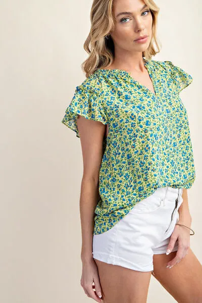 Kori America Floral Notched Ruffled Cap Sleeve Blouse