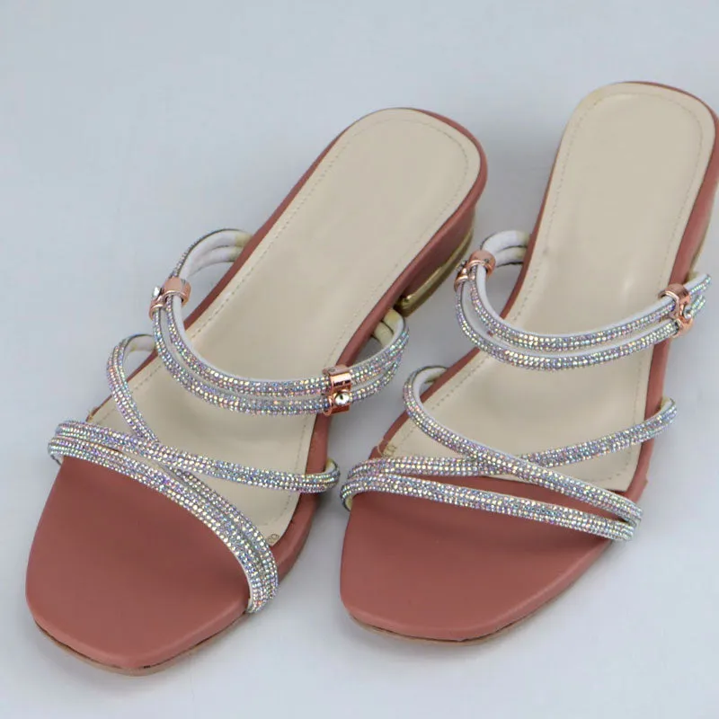 Ladies Fancy Rhinestone Cross Strap Low Heel Evening Sandal