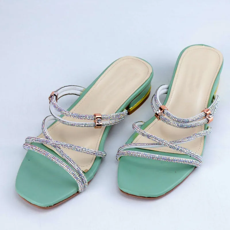 Ladies Fancy Rhinestone Cross Strap Low Heel Evening Sandal