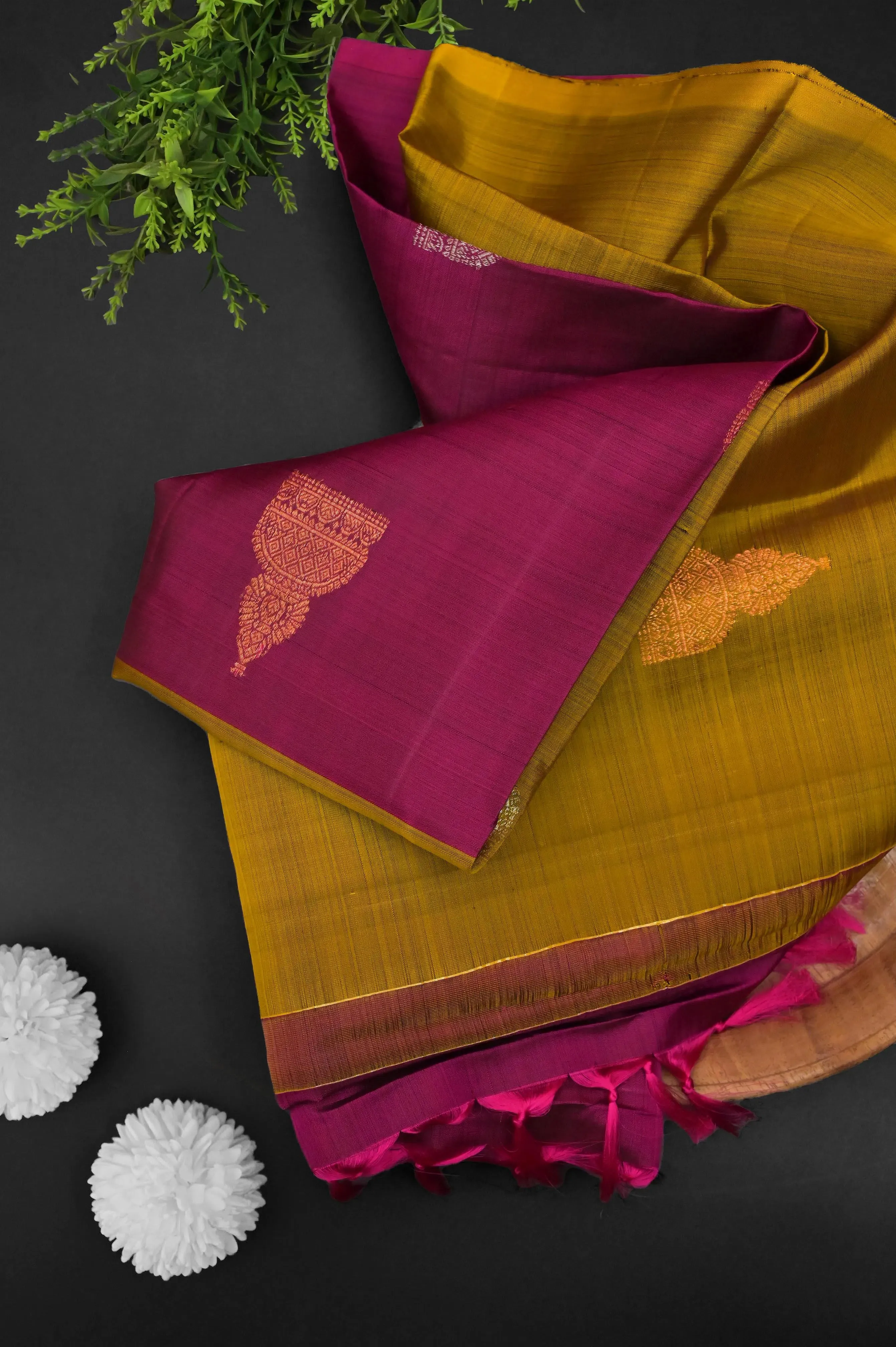 Magenta and Golden Green Color Kanjeevaram Silk Saree with Copper & Silver Zari Work