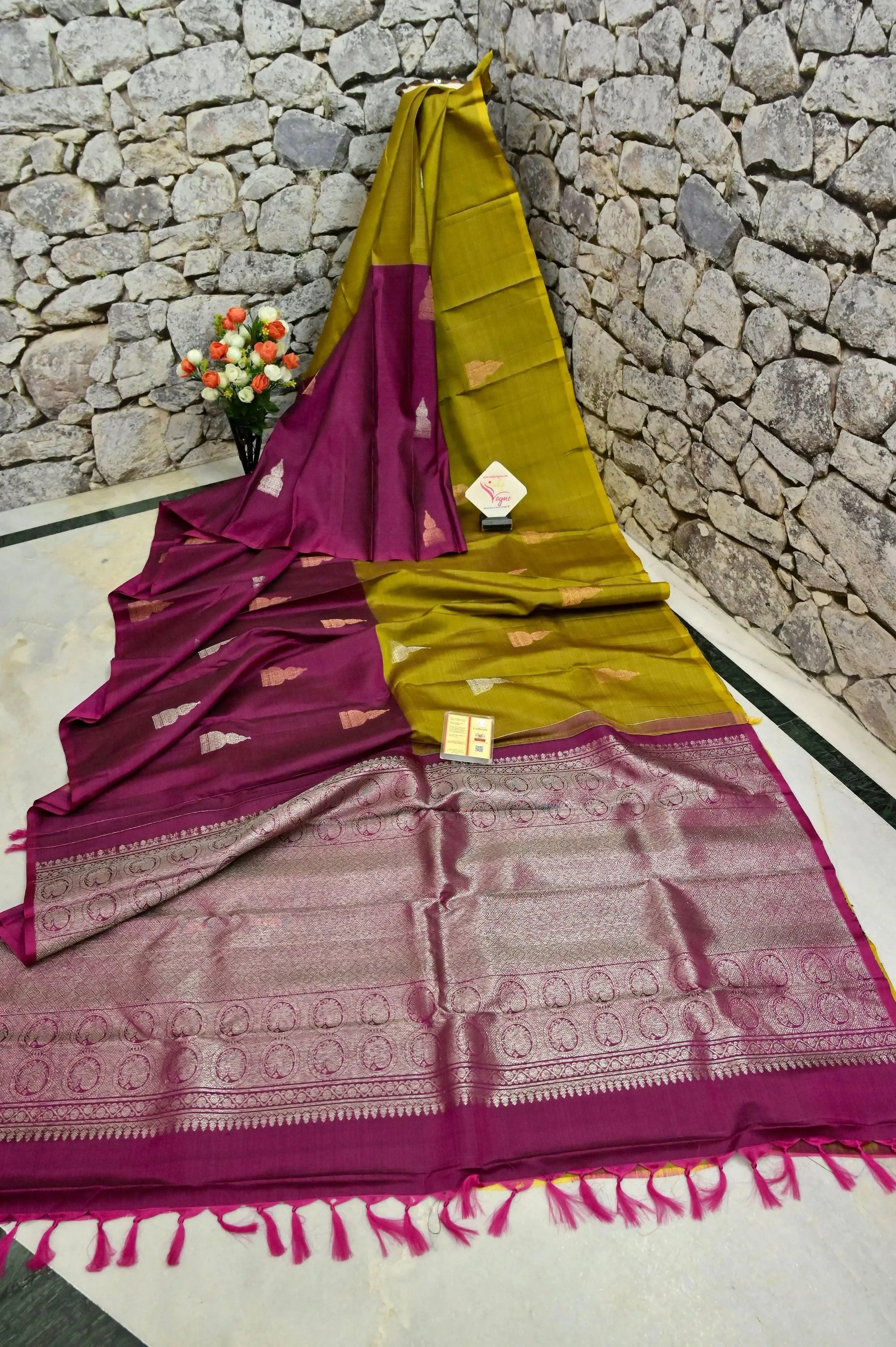 Magenta and Golden Green Color Kanjeevaram Silk Saree with Copper & Silver Zari Work