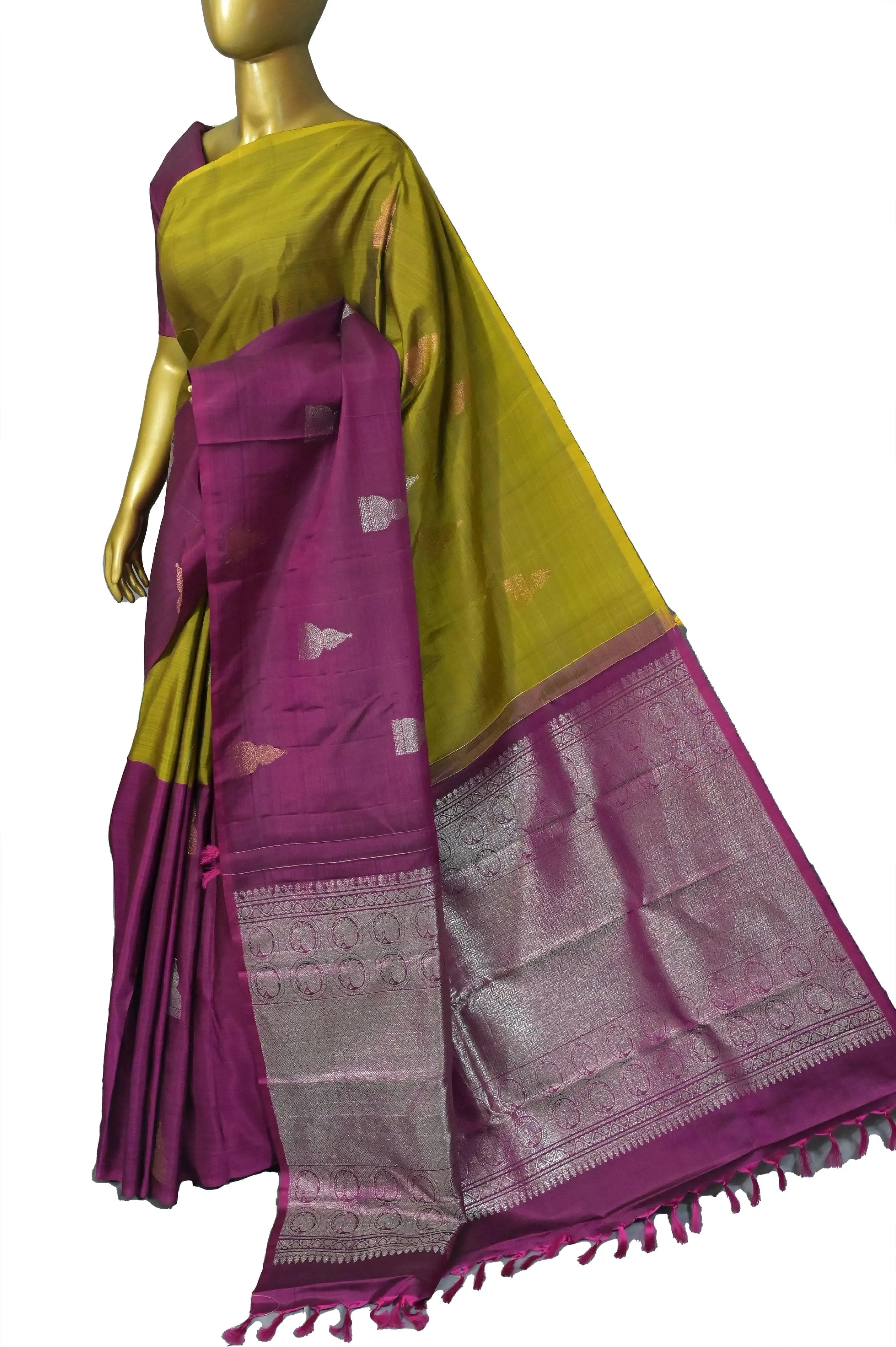 Magenta and Golden Green Color Kanjeevaram Silk Saree with Copper & Silver Zari Work