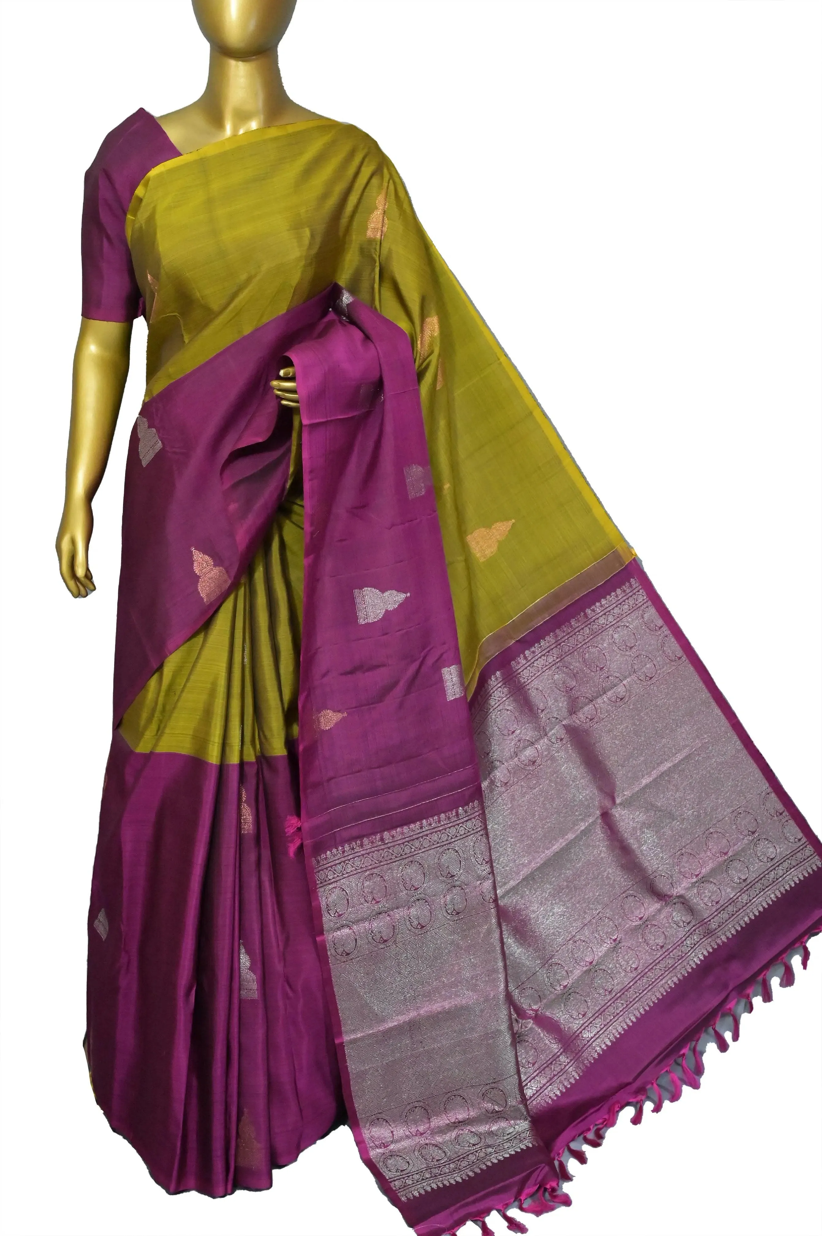 Magenta and Golden Green Color Kanjeevaram Silk Saree with Copper & Silver Zari Work