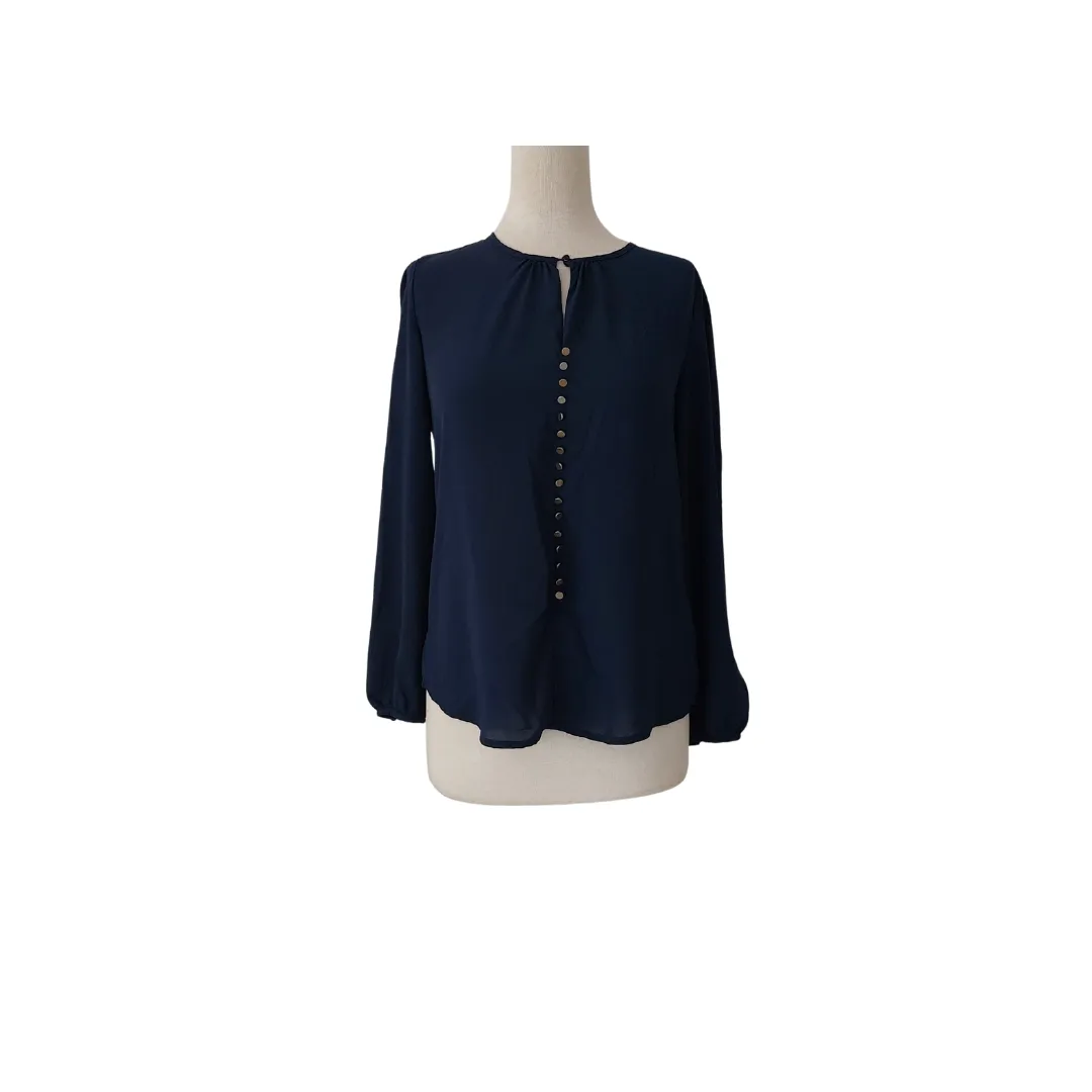 Mantra Navy Semi-sheer Gold Buttons Blouse | Gently Used |