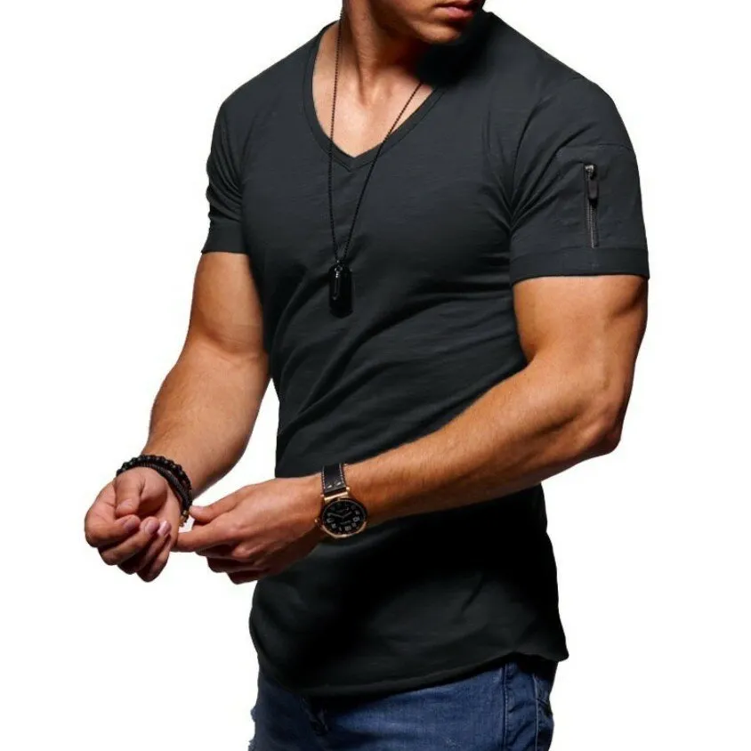 Men's V-neck T-shirt Fitness Bodybuilding T-shirt High Street Summer Short-Sleeved Zipper Casual Cotton Top