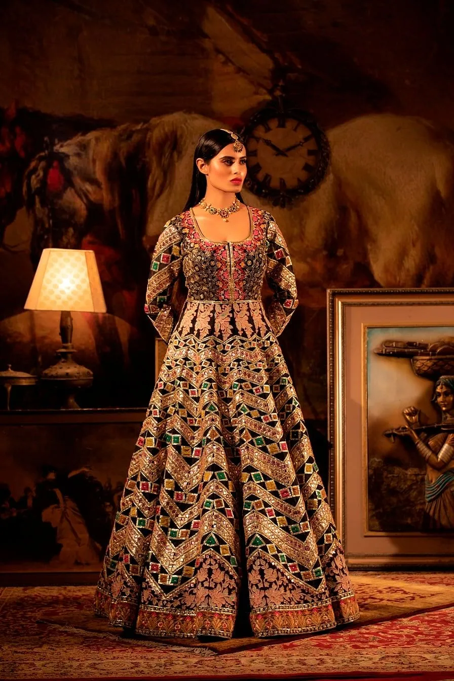 Multi-colour Embroidered black Anarkali.