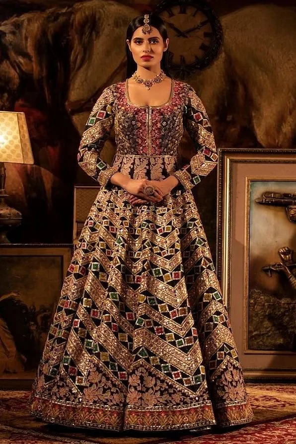 Multi-colour Embroidered black Anarkali.