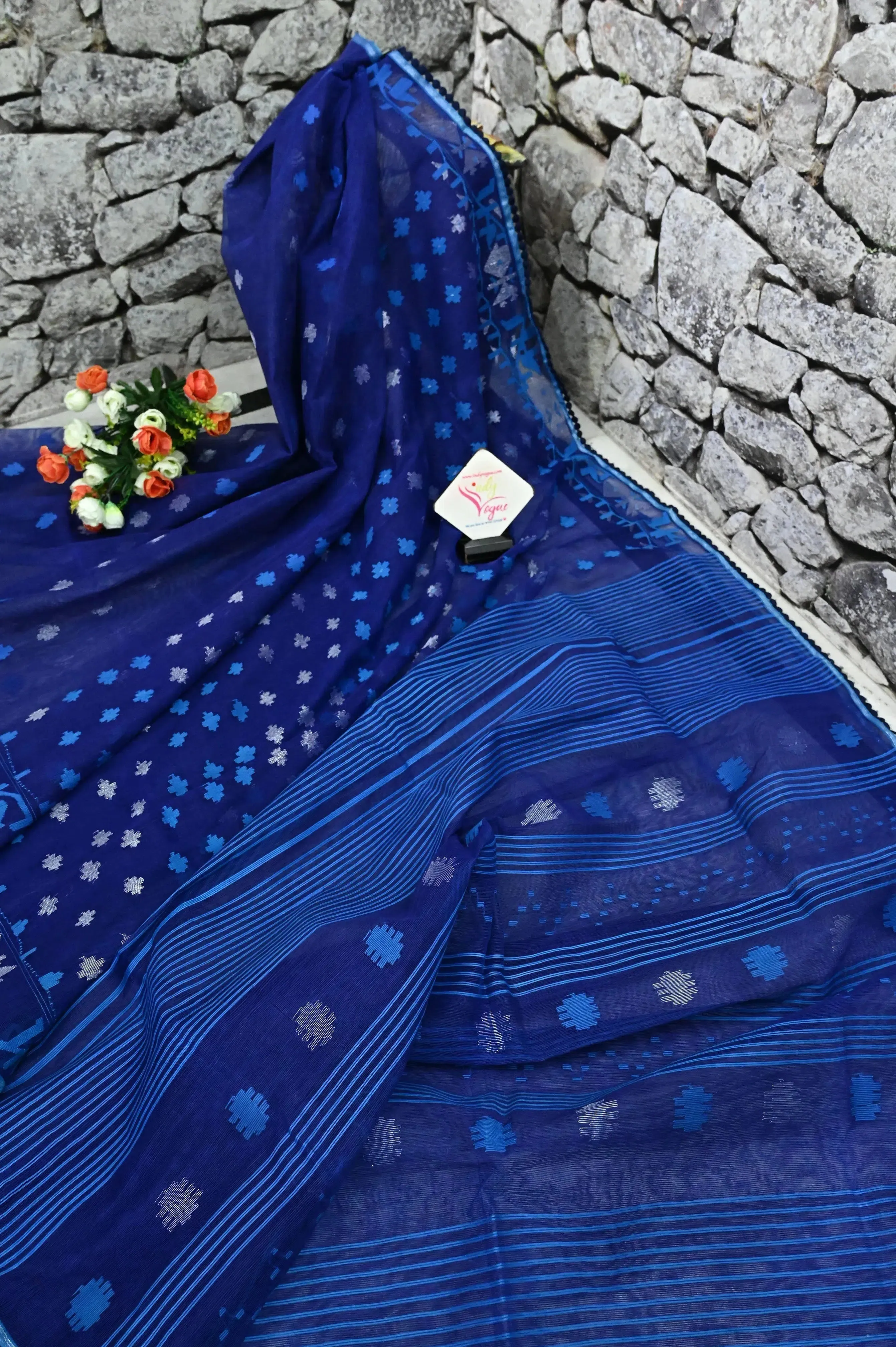 Navy Blue Color Pure Bangladeshi Dhakai Jamdani Saree with Lace Work