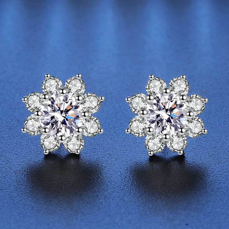 Octopus Sunflower Moissanite Diamond Stud Earrings Silver