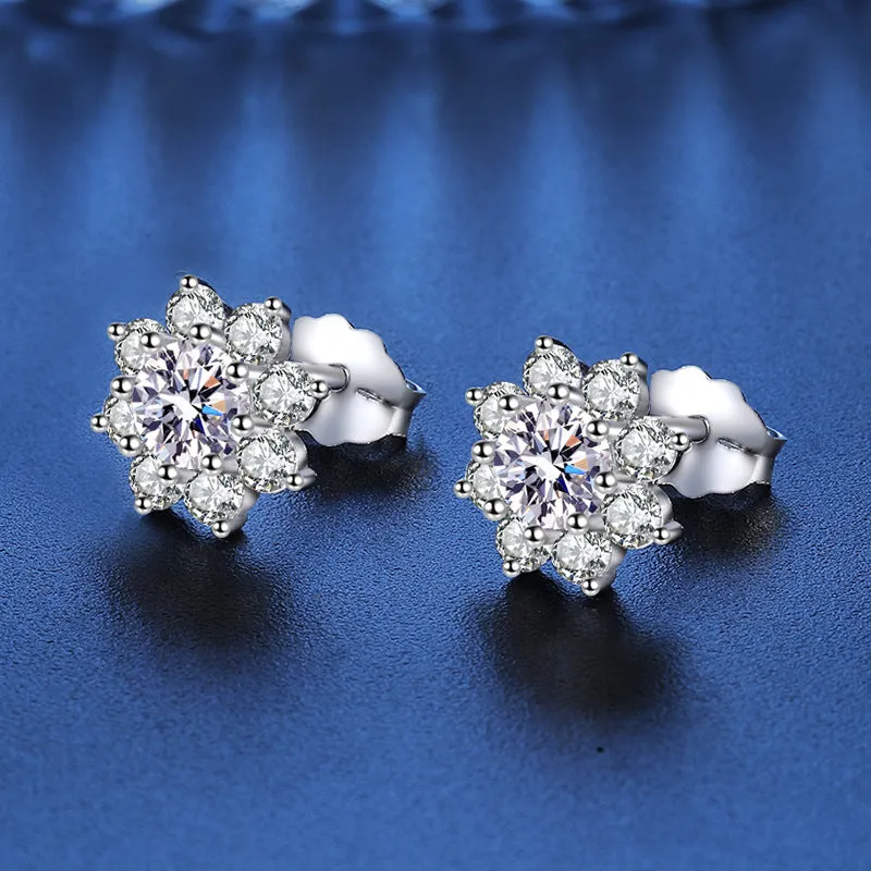 Octopus Sunflower Moissanite Diamond Stud Earrings Silver