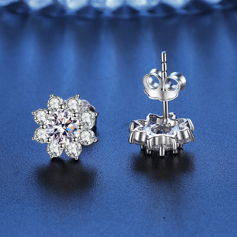 Octopus Sunflower Moissanite Diamond Stud Earrings Silver