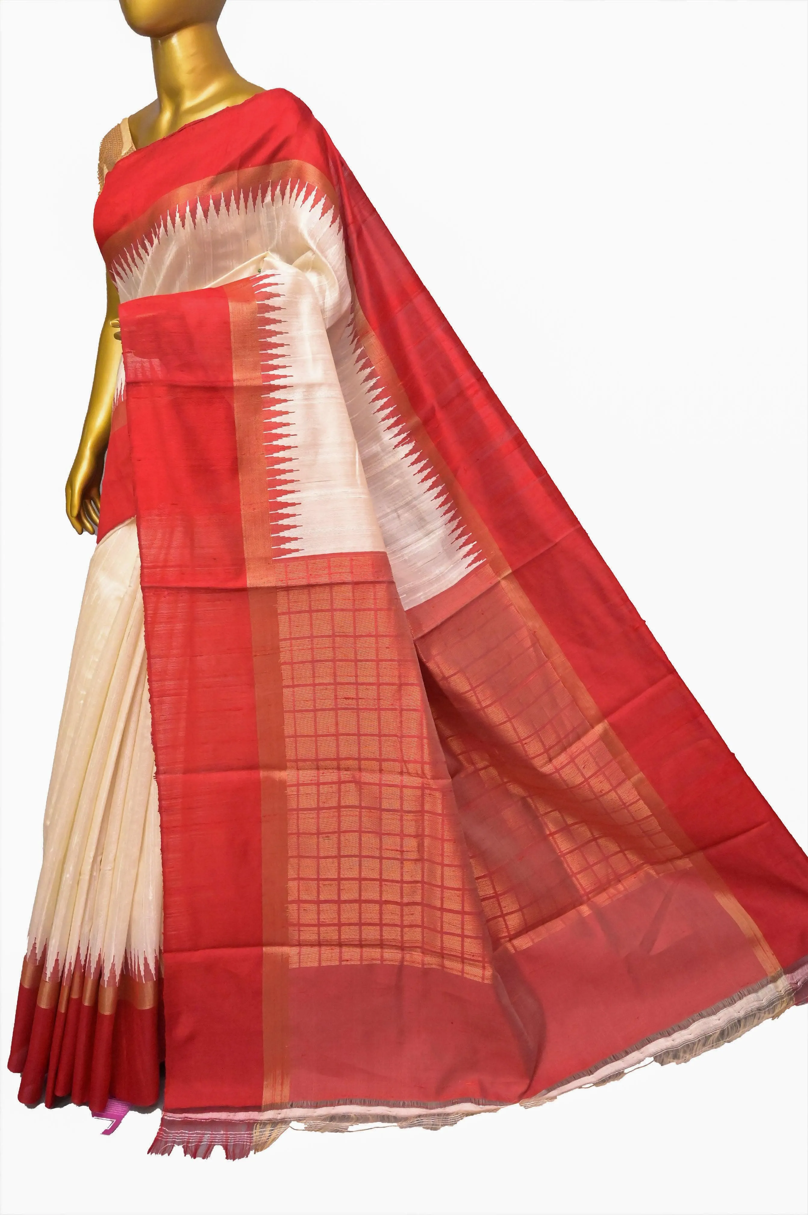 Offwhite and Red Color Pure Raw Silk with Temple Border