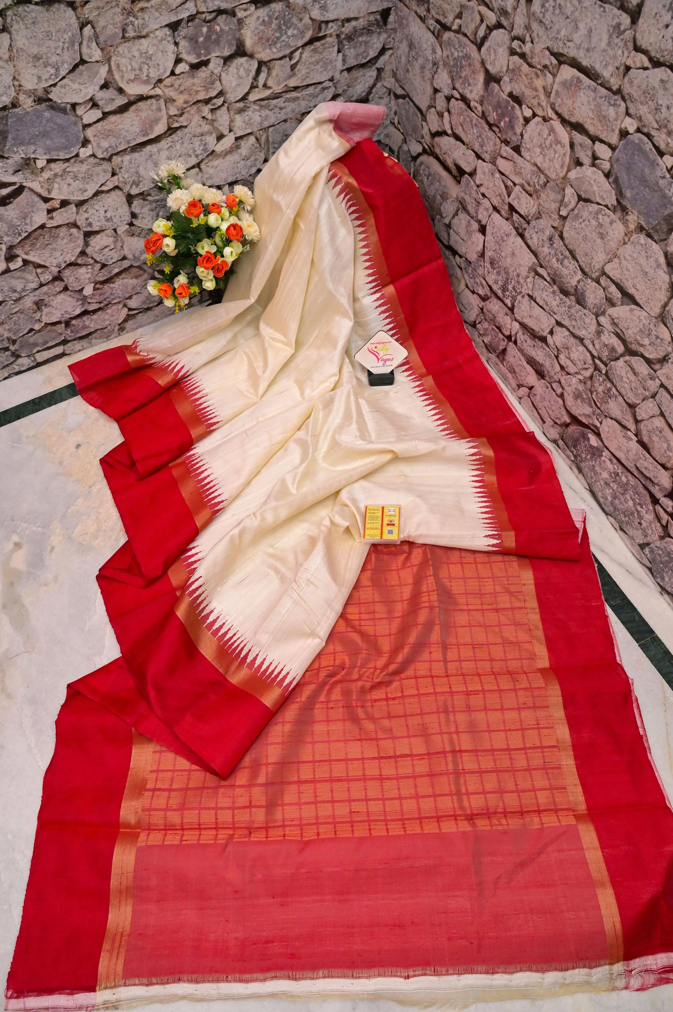 Offwhite and Red Color Pure Raw Silk with Temple Border