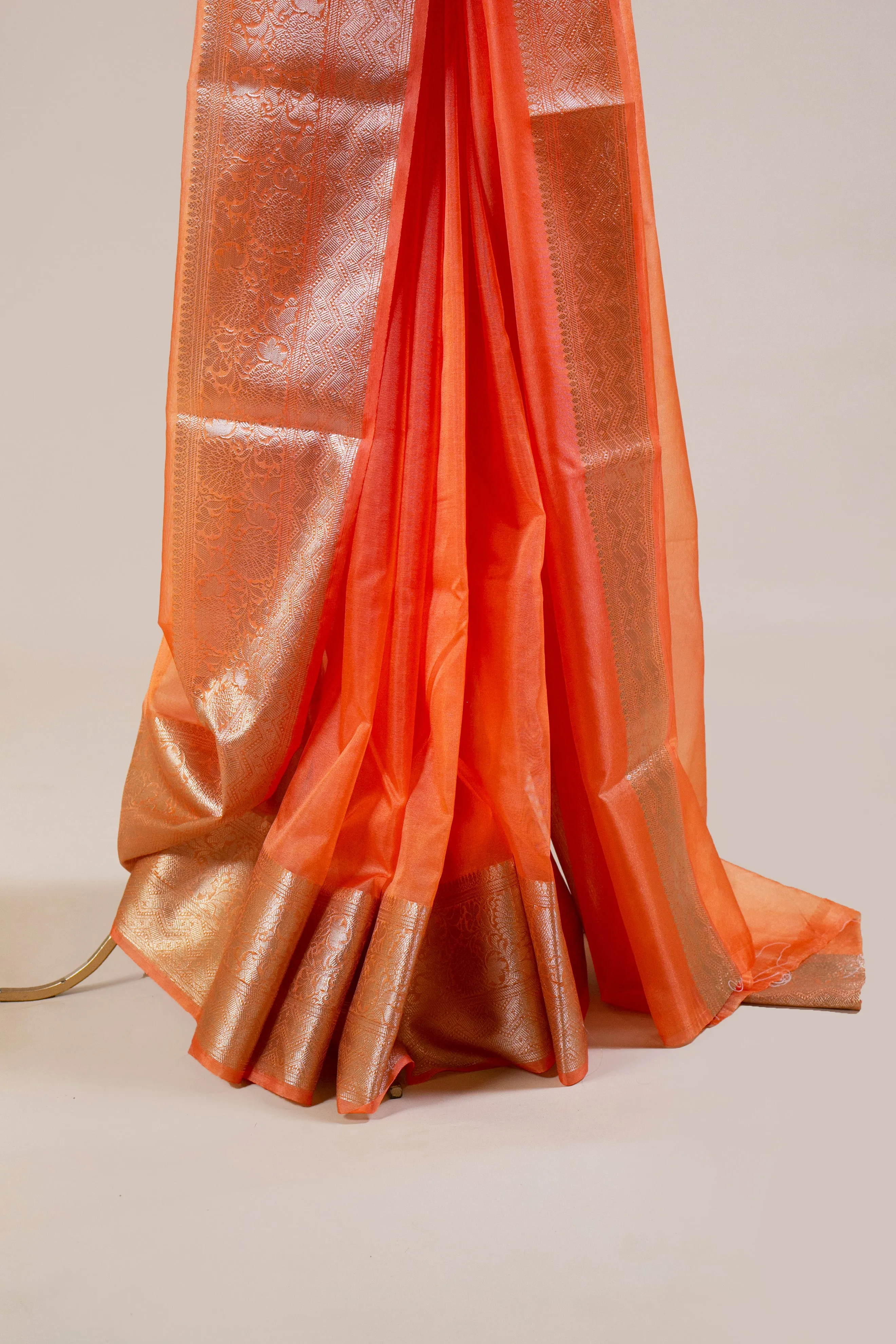 Orange Banarasi Georgette Saree with Gold Woven Border