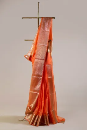 Orange Banarasi Georgette Saree with Gold Woven Border