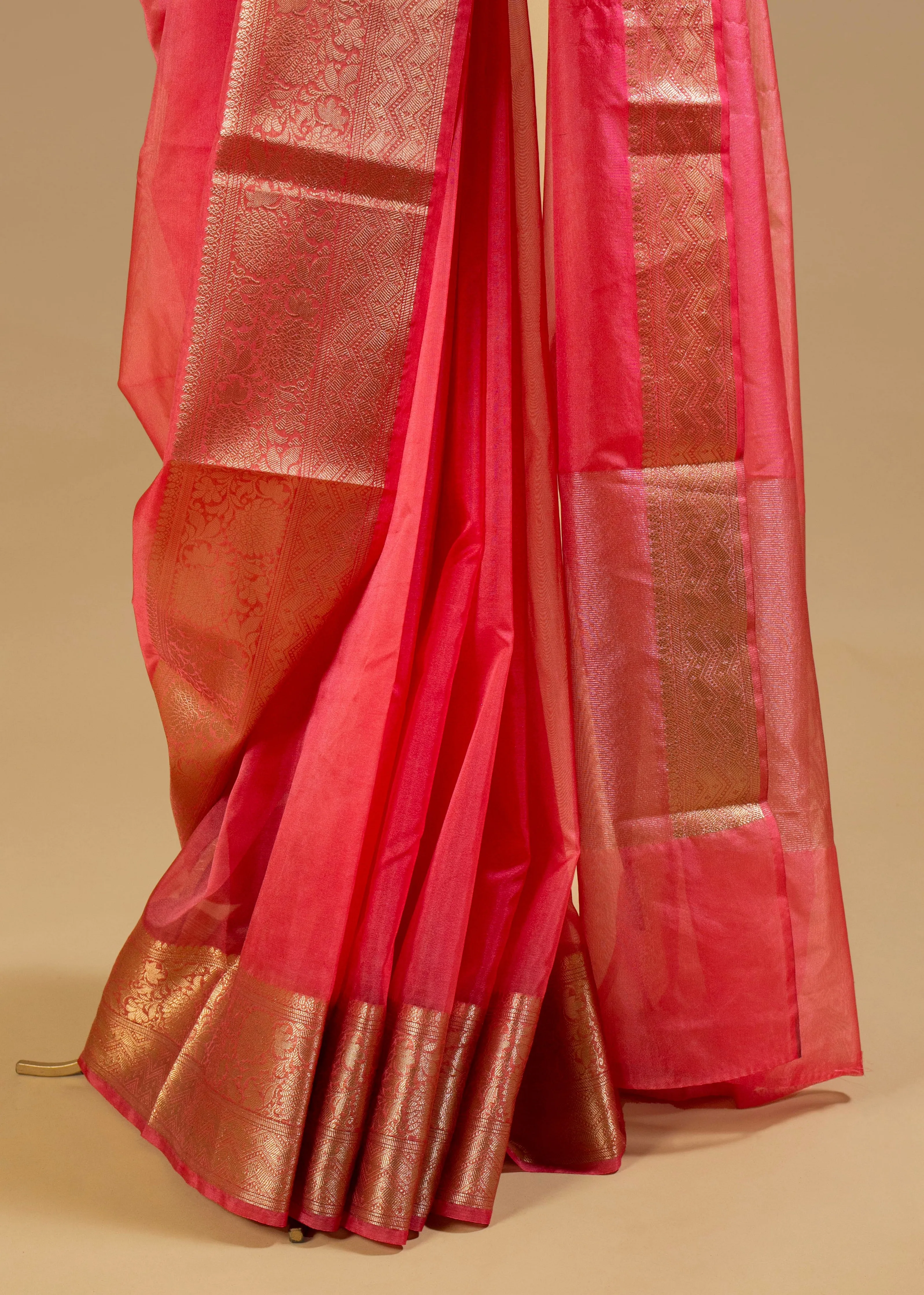 Peach Pink Banarasi Organza Saree with Gold Woven Border