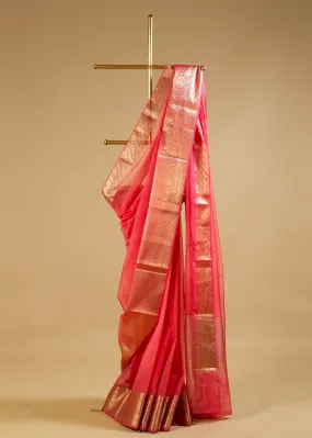 Peach Pink Banarasi Organza Saree with Gold Woven Border