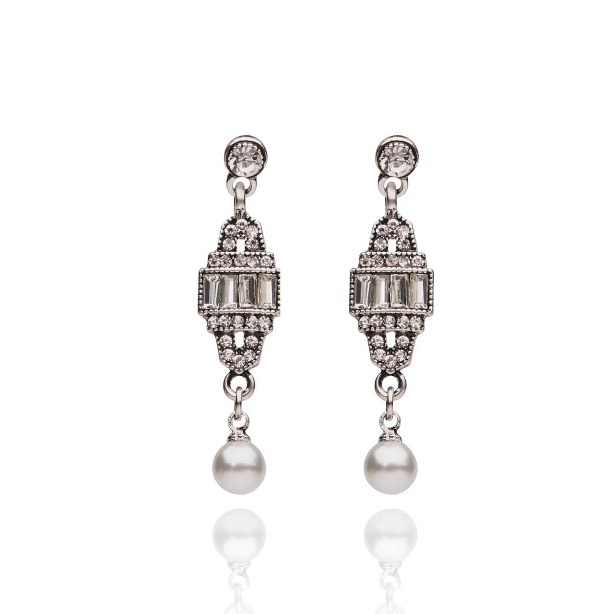 Pearl And Diamante Earrings: Deco 1920s Style Short Drop Earrings