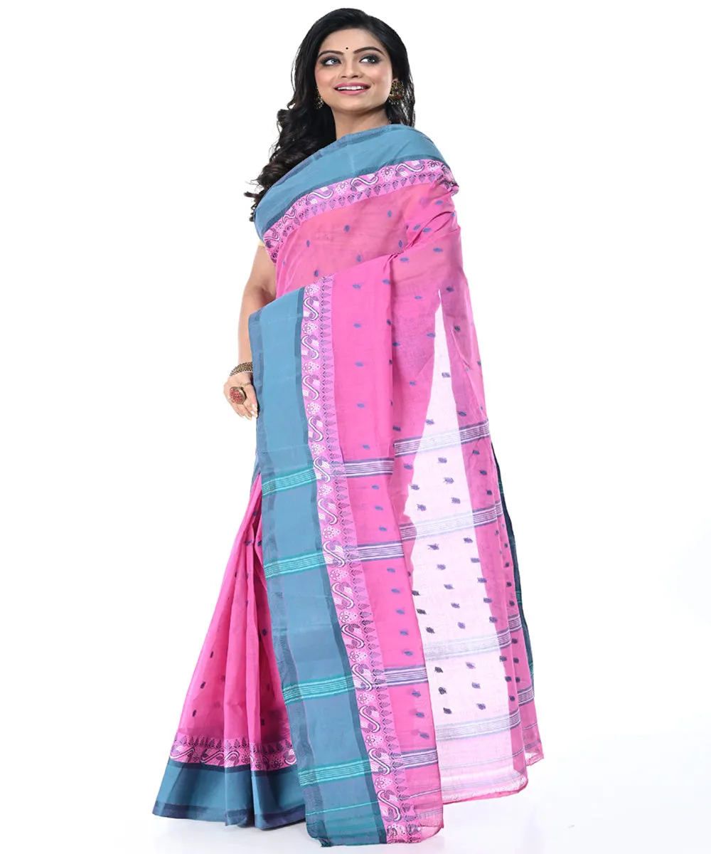 Pink cyan blue handwoven cotton tangail saree