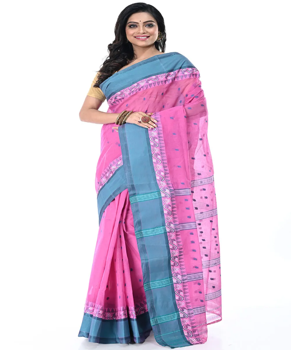 Pink cyan blue handwoven cotton tangail saree