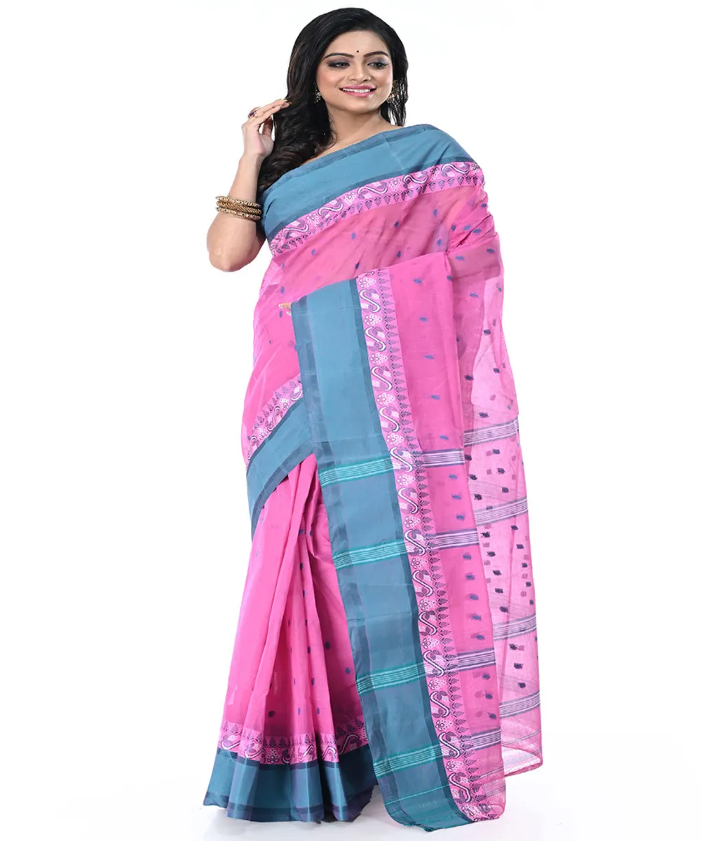 Pink cyan blue handwoven cotton tangail saree