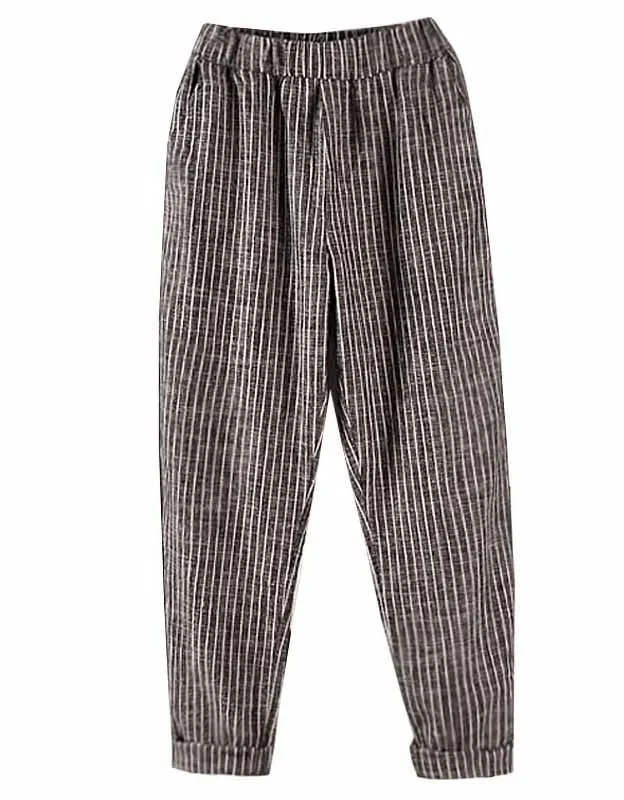 Plus Size Stripe Cotton Linen Women Pants