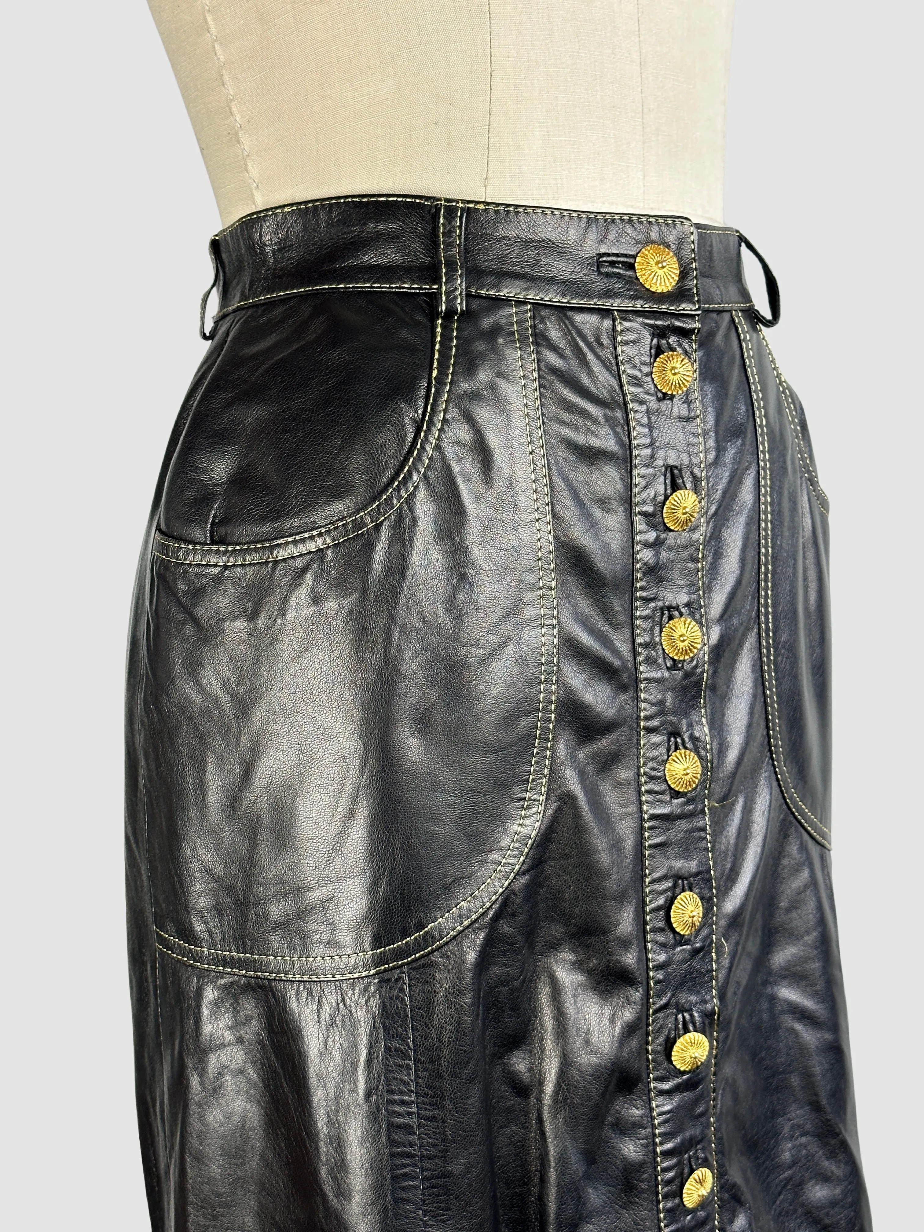 ROBERTO CAVALLI 90s Black Leather Midi Skirt  Small